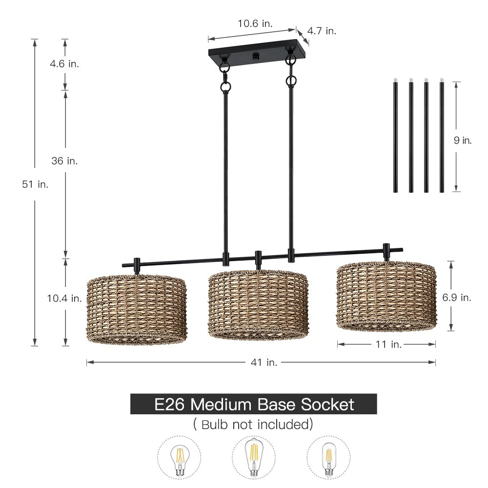 Lampadario lineare da cucina in stile rustico nero Sedgy a 3 luci - 41 W
