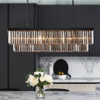 Lampadario moderno contemporaneo in cristallo grigio fumé e nero da 47 pollici, a 2 livelli, con isola da cucina lineare, per sala da pranzo