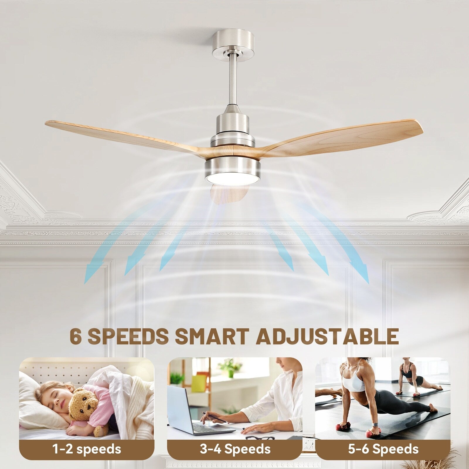 Ventilatore da soffitto in legno per interni Sofucor 52 con telecomando, luce integrata opzionale