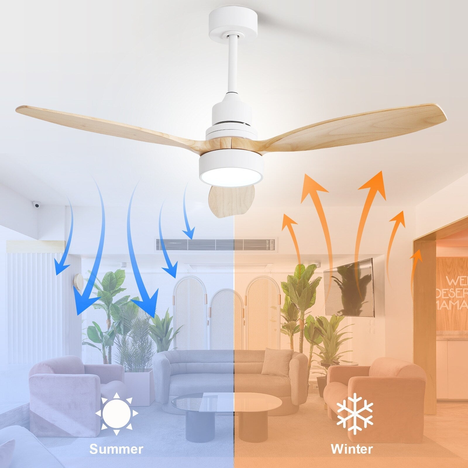 Ventilatore da soffitto in legno per interni Sofucor 52 con telecomando, luce integrata opzionale