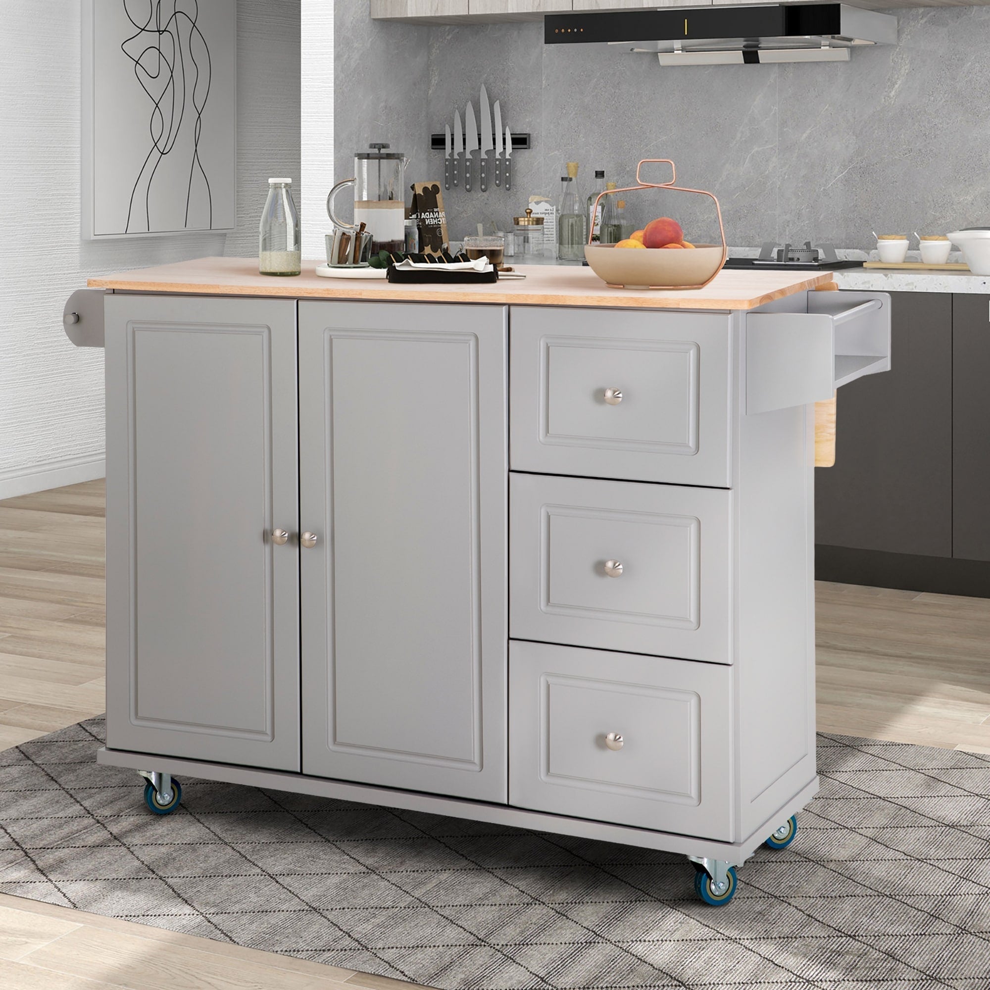 Carrello da cucina Sophia &amp; William con ribaltina e piano in legno di caucciù, carrello da cucina con ruote e ampio mobiletto portaoggetti