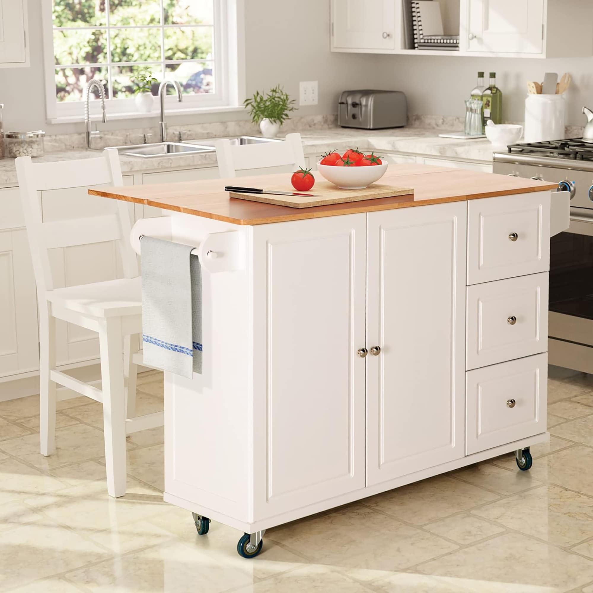 Carrello da cucina Sophia &amp; William con ribaltina e piano in legno di caucciù, carrello da cucina con ruote e ampio mobiletto portaoggetti