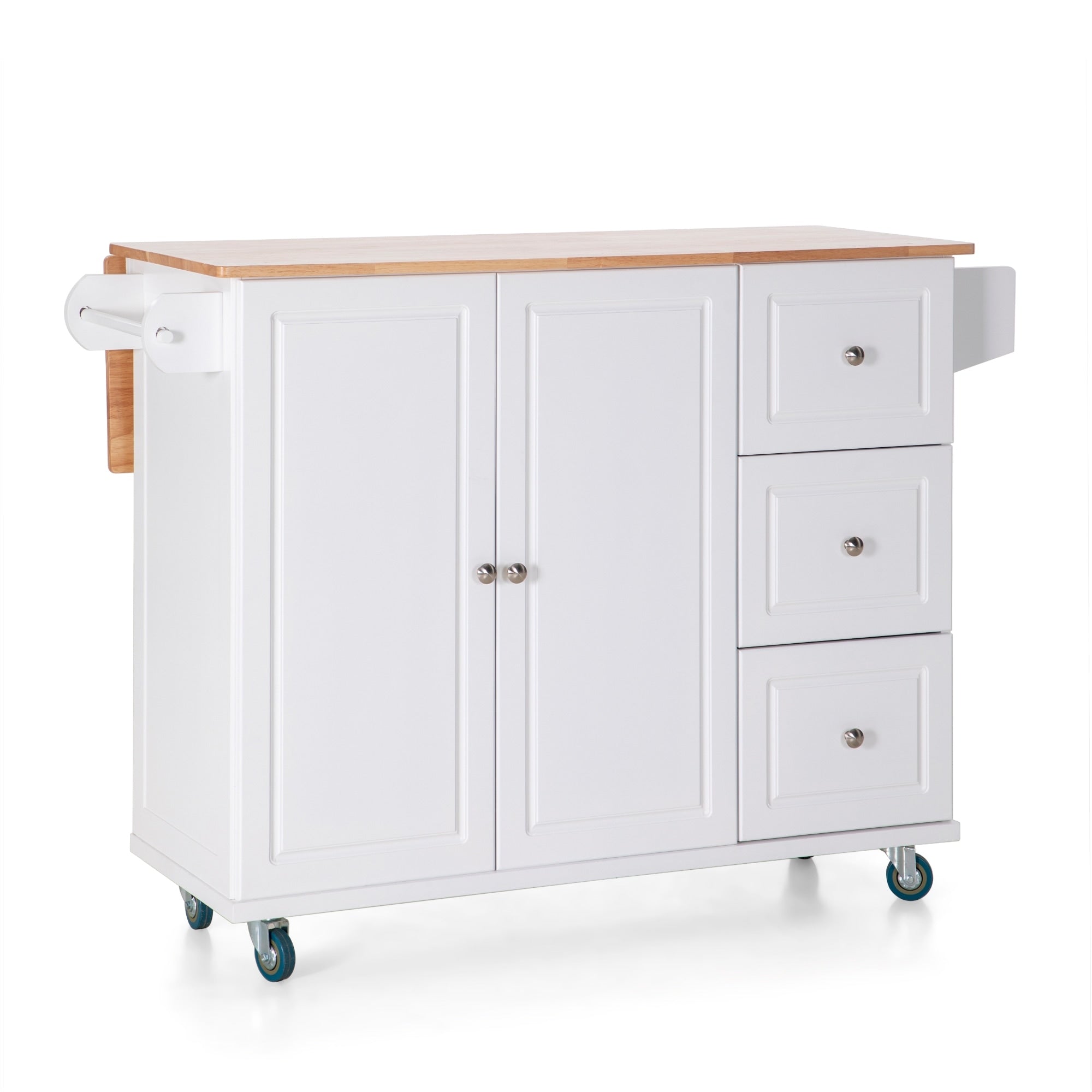 Carrello da cucina Sophia &amp; William con ribaltina e piano in legno di caucciù, carrello da cucina con ruote e ampio mobiletto portaoggetti