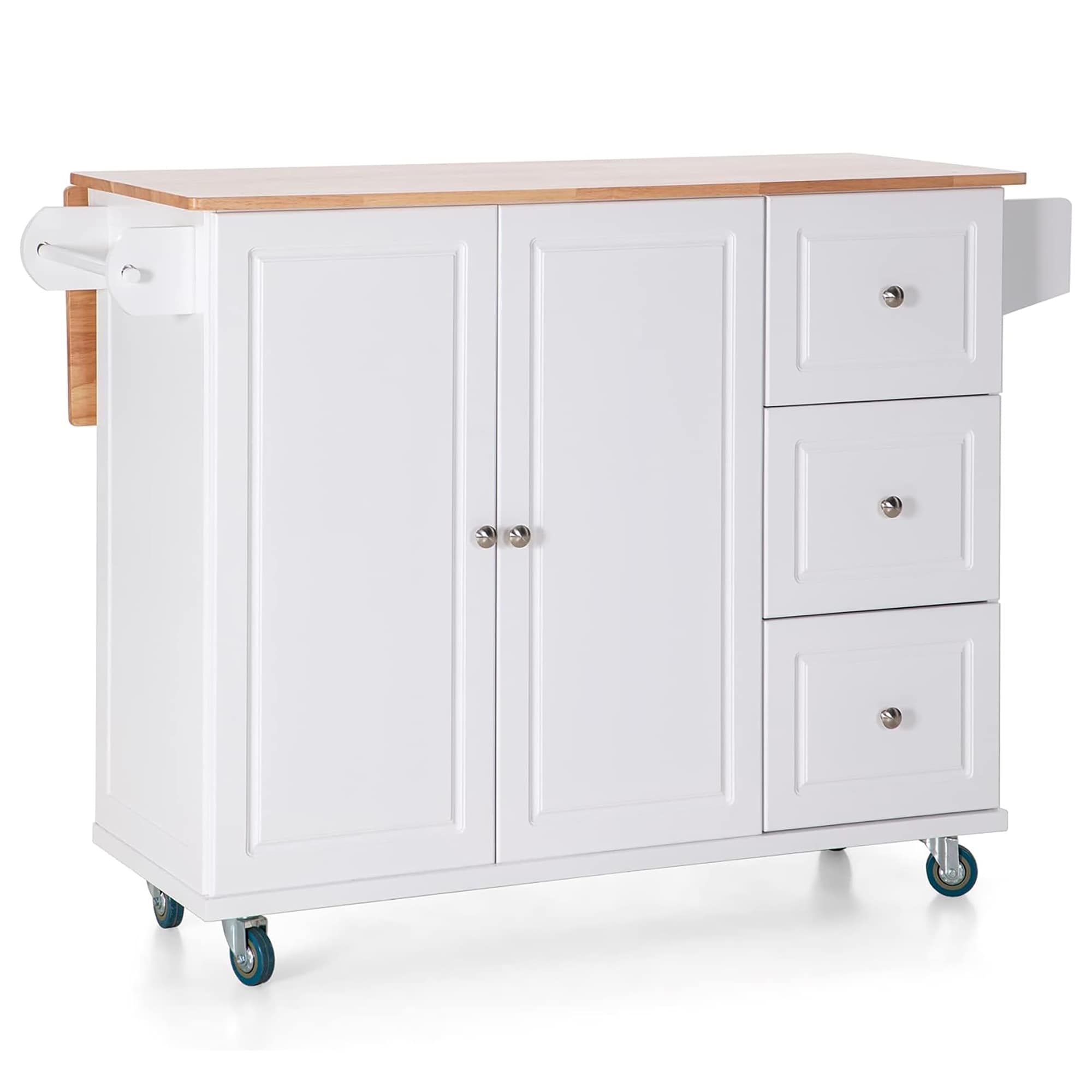 Carrello da cucina Sophia &amp; William con ribaltina e piano in legno di caucciù, carrello da cucina con ruote e ampio mobiletto portaoggetti