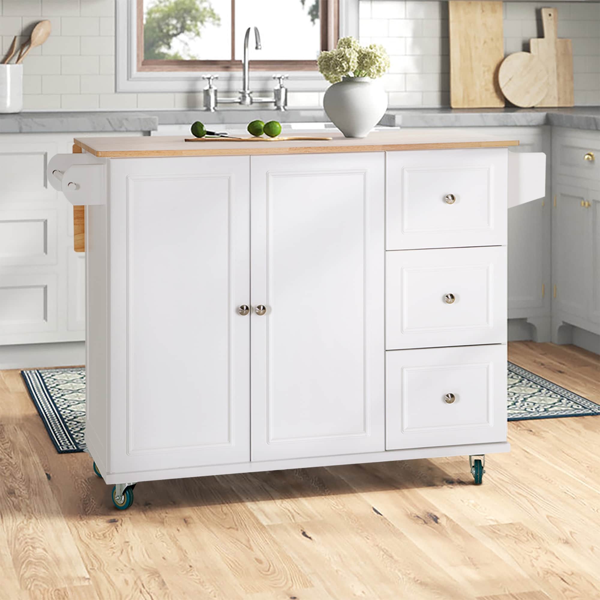 Carrello da cucina Sophia &amp; William con ribaltina e piano in legno di caucciù, carrello da cucina con ruote e ampio mobiletto portaoggetti