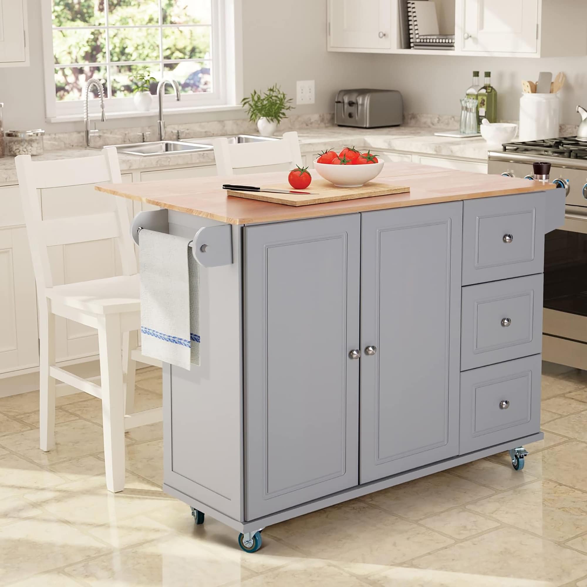 Carrello da cucina Sophia &amp; William con ribaltina e piano in legno di caucciù, carrello da cucina con ruote e ampio mobiletto portaoggetti