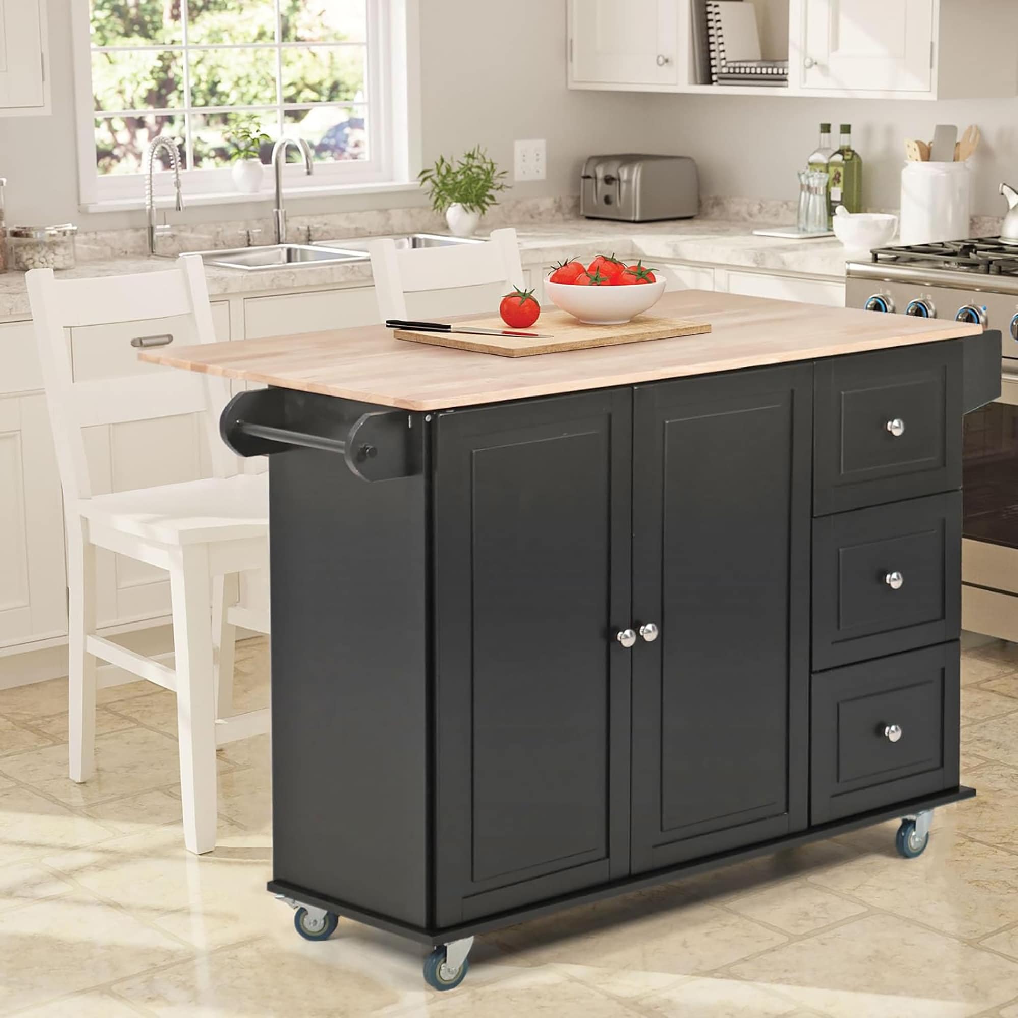 Carrello da cucina Sophia &amp; William con ribaltina e piano in legno di caucciù, carrello da cucina con ruote e ampio mobiletto portaoggetti