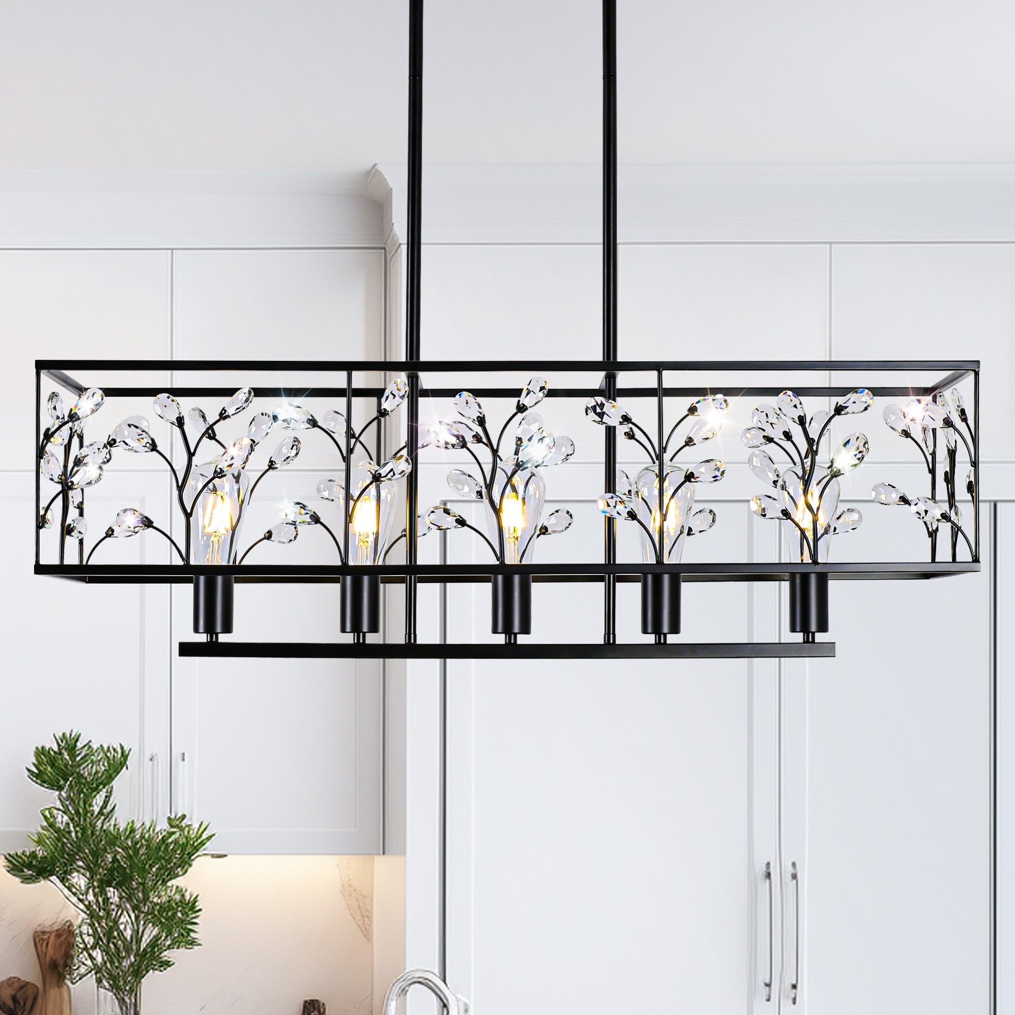Lampadario lineare rettangolare in cristallo Starsky Farmhouse a 5 luci per sala da pranzo con certificazione UL