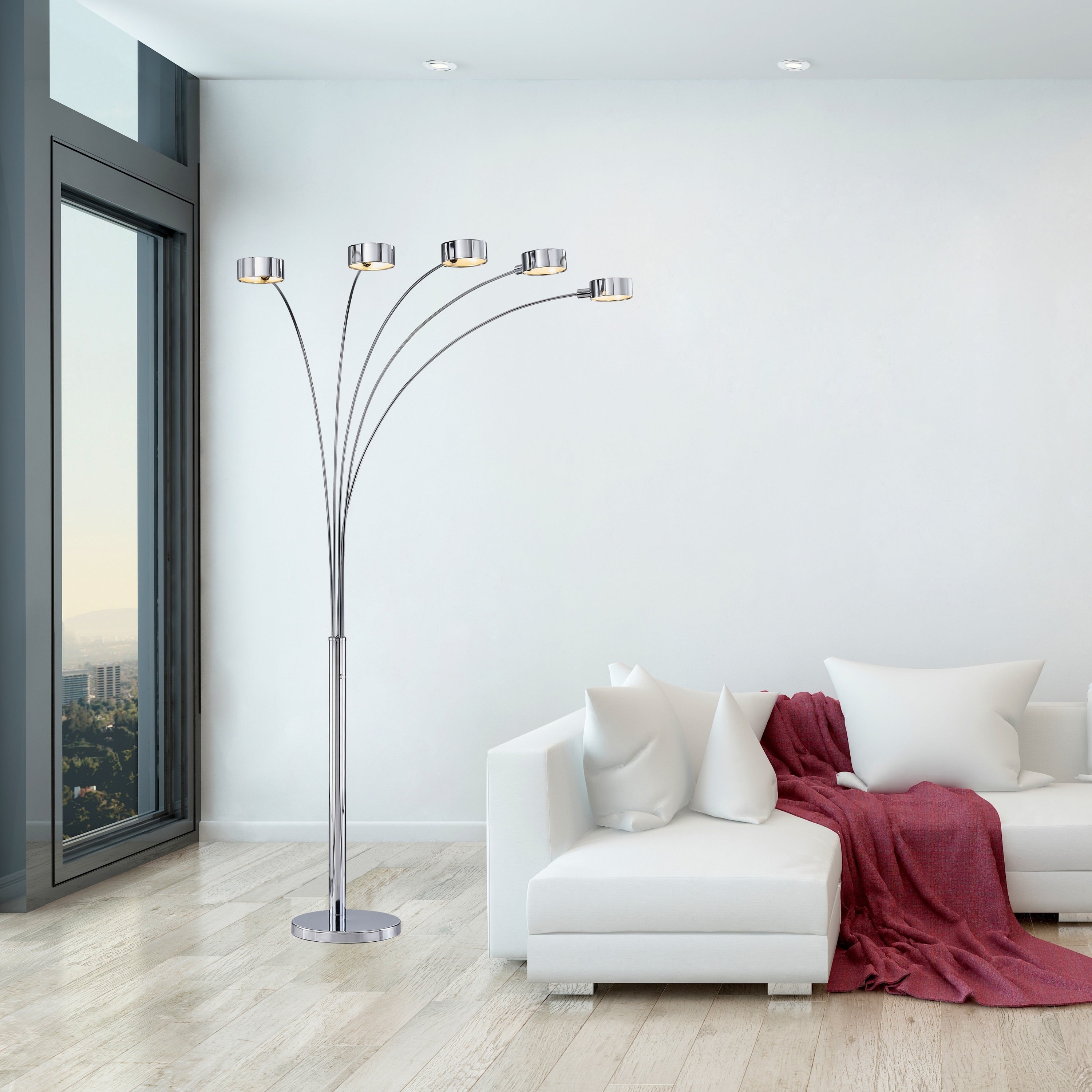 Lampada da terra ad arco a 5 luci Charlie in acciaio spazzolato di Strick &amp; Bolton