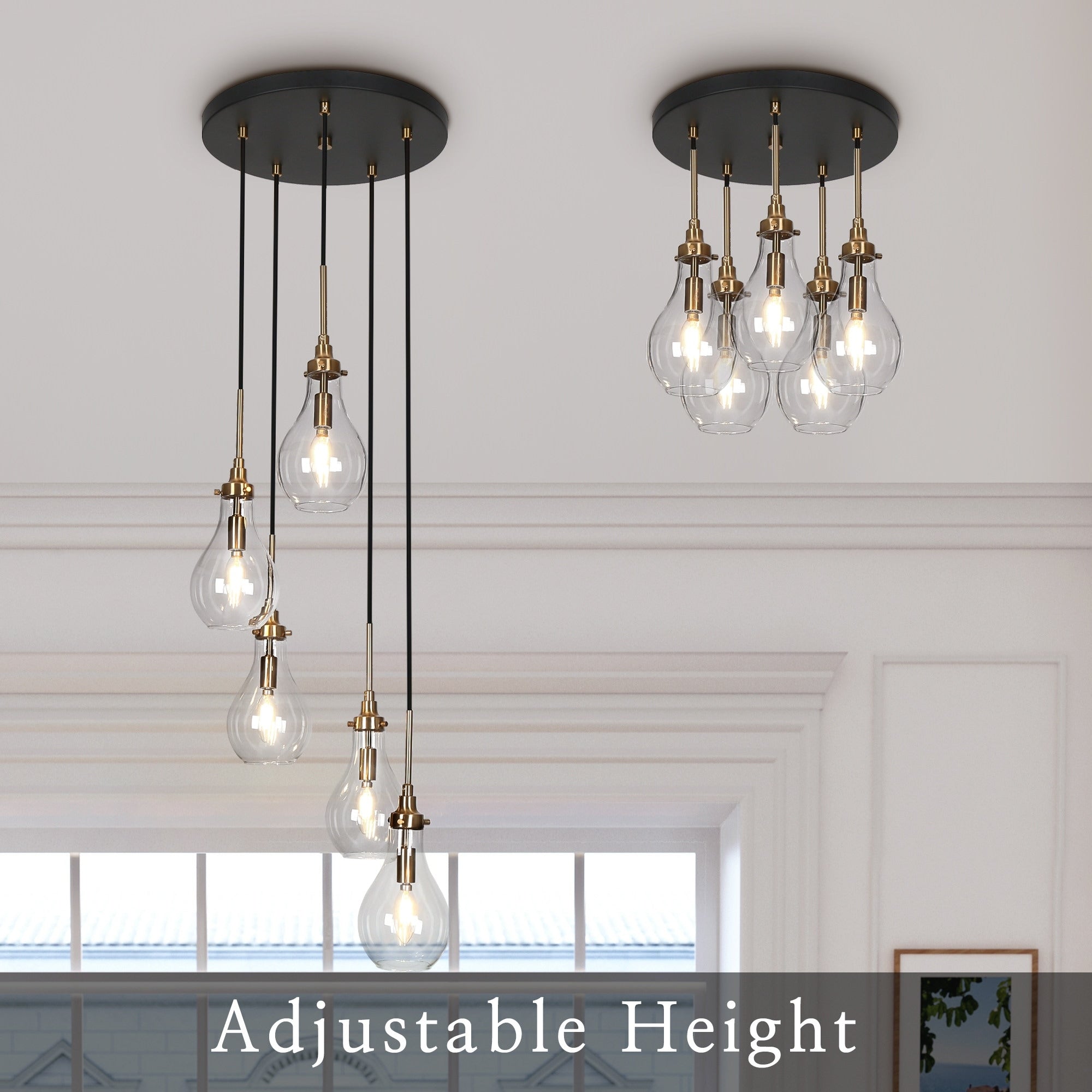 Lampadario moderno a goccia in vetro Synia a 5 luci per ingresso, scale e soffitti alti - D15'' x H18,2-74,2''
