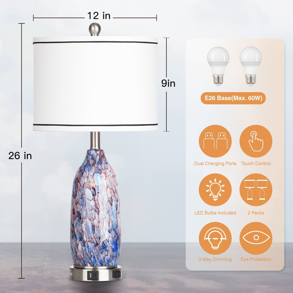 Lampada da tavolo con luce notturna 2 in 1, corpo lampada in vetro indaco, porte di ricarica, presa CA, paralume a tamburo, interruttore dimmer touch (set da 2)