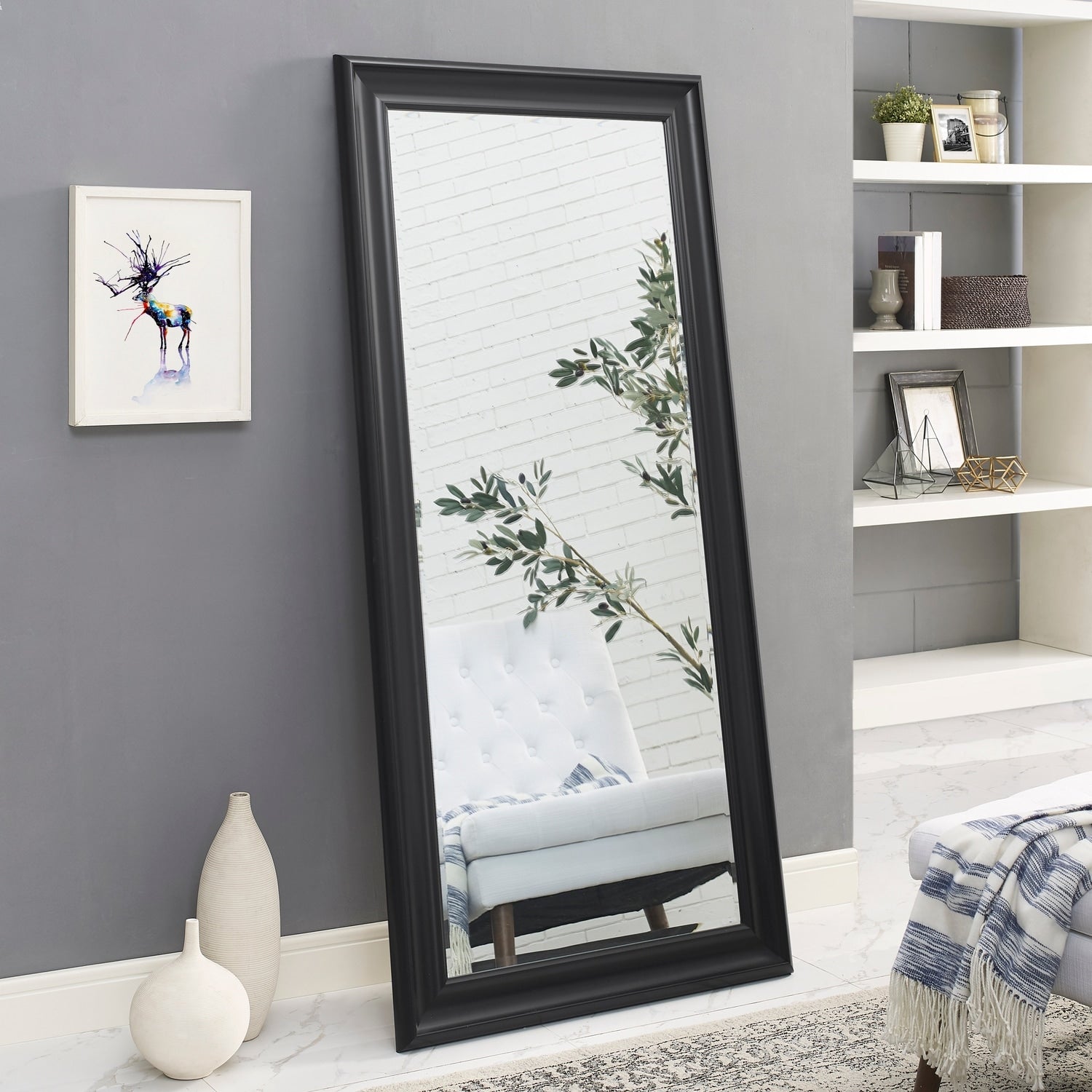 Specchio alto, specchio a figura intera, specchio di grandi dimensioni, cornice liscia in finto legno, specchio rettangolare da parete
