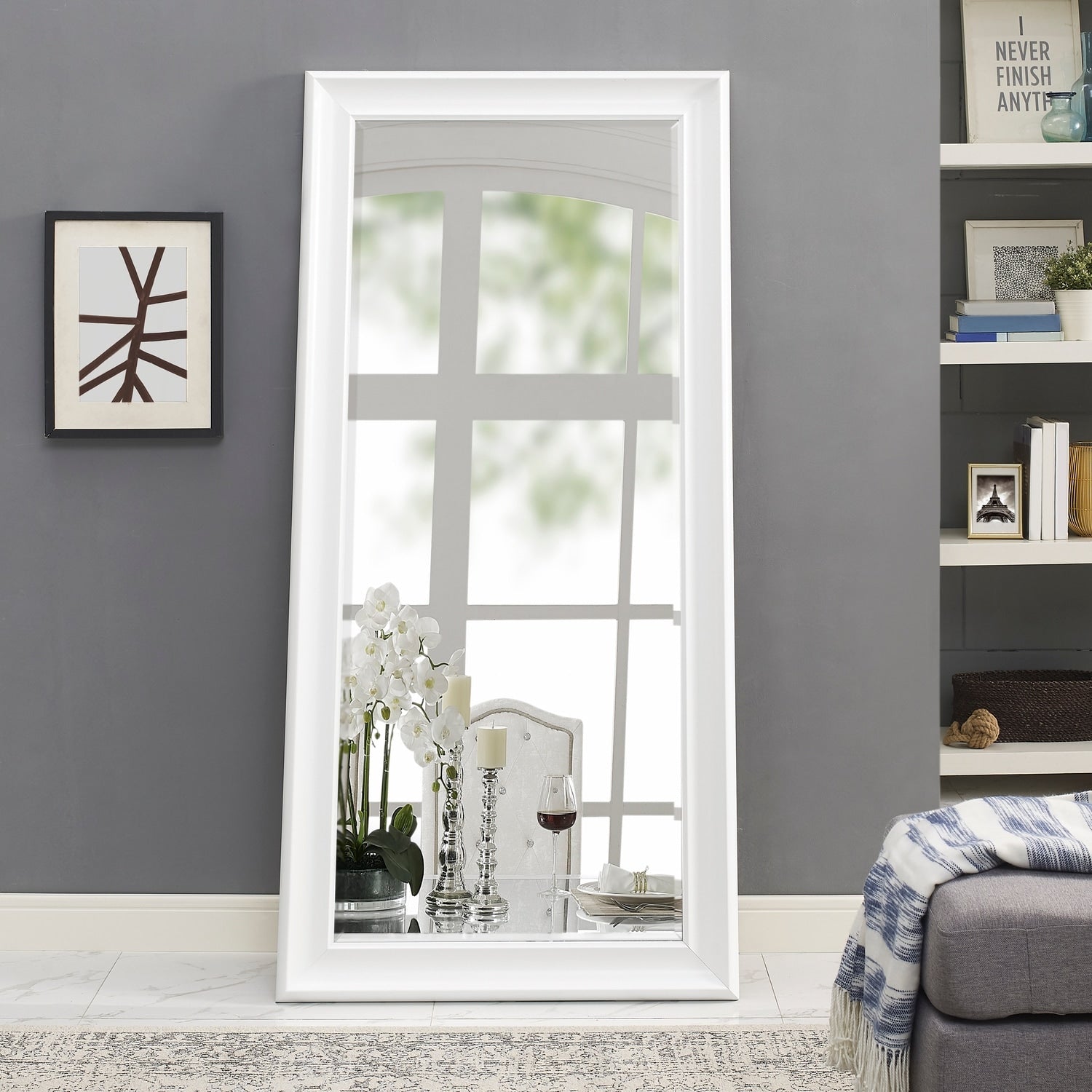 Specchio alto, specchio a figura intera, specchio di grandi dimensioni, cornice liscia in finto legno, specchio rettangolare da parete