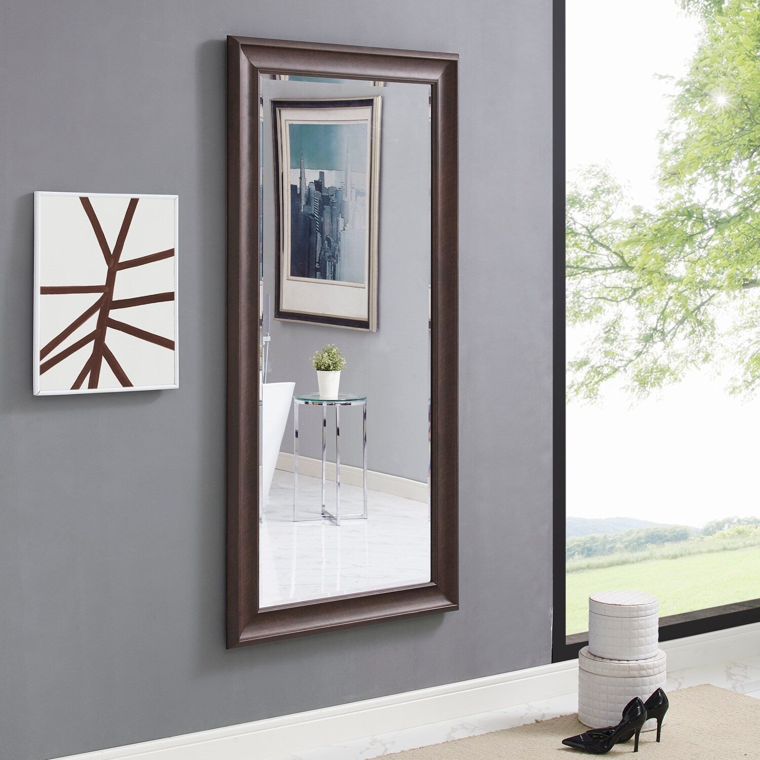 Specchio alto, specchio a figura intera, specchio di grandi dimensioni, cornice liscia in finto legno, specchio rettangolare da parete
