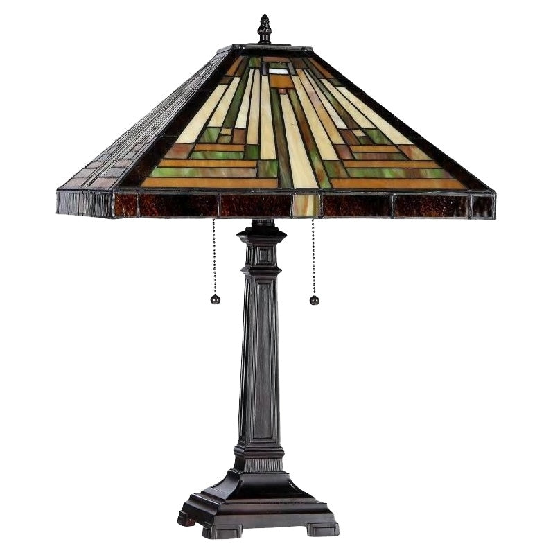 Lampada da tavolo in bronzo antico scuro a 2 luci in stile Tiffany Mission Design