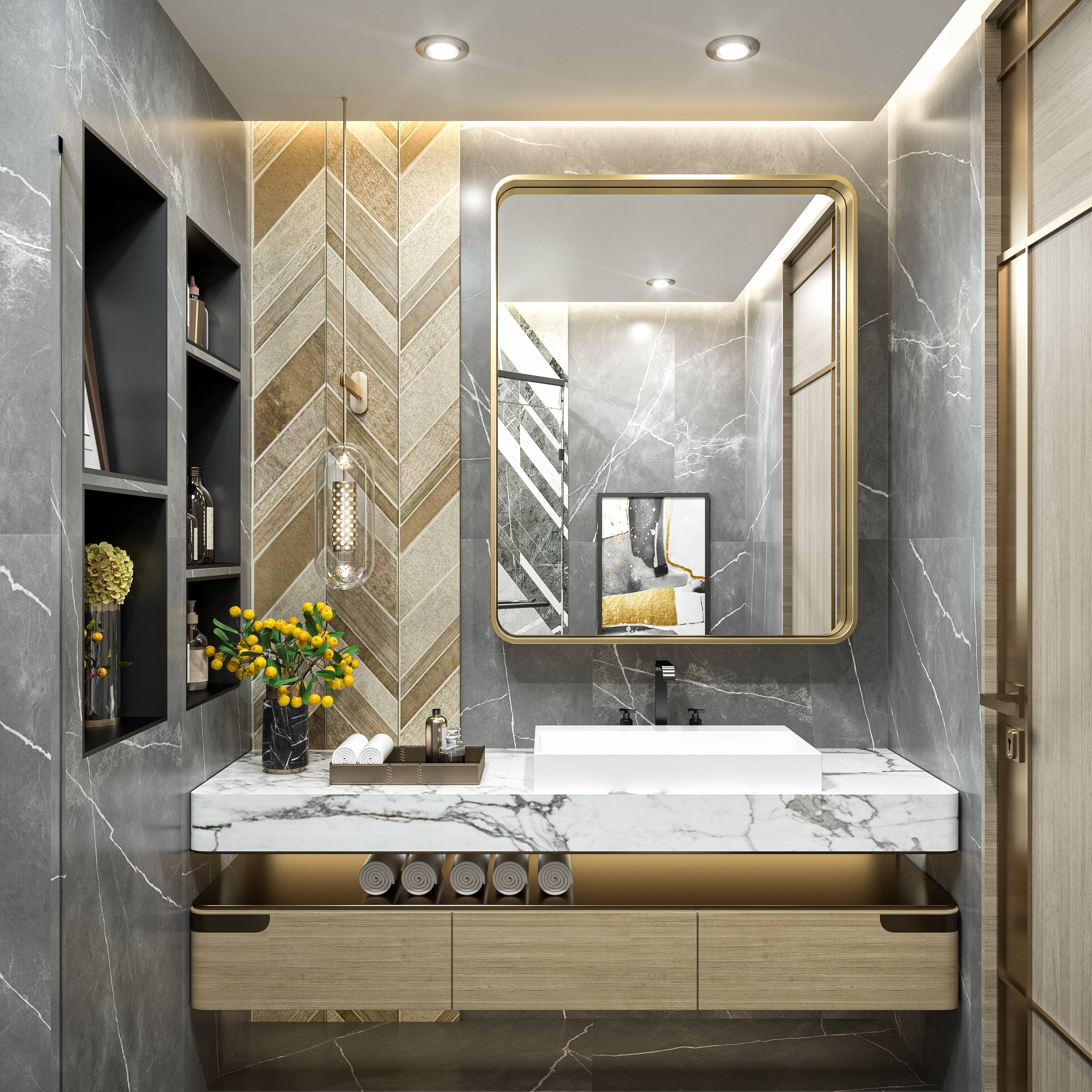 Specchio da parete per bagno moderno con struttura in metallo TokeShimi