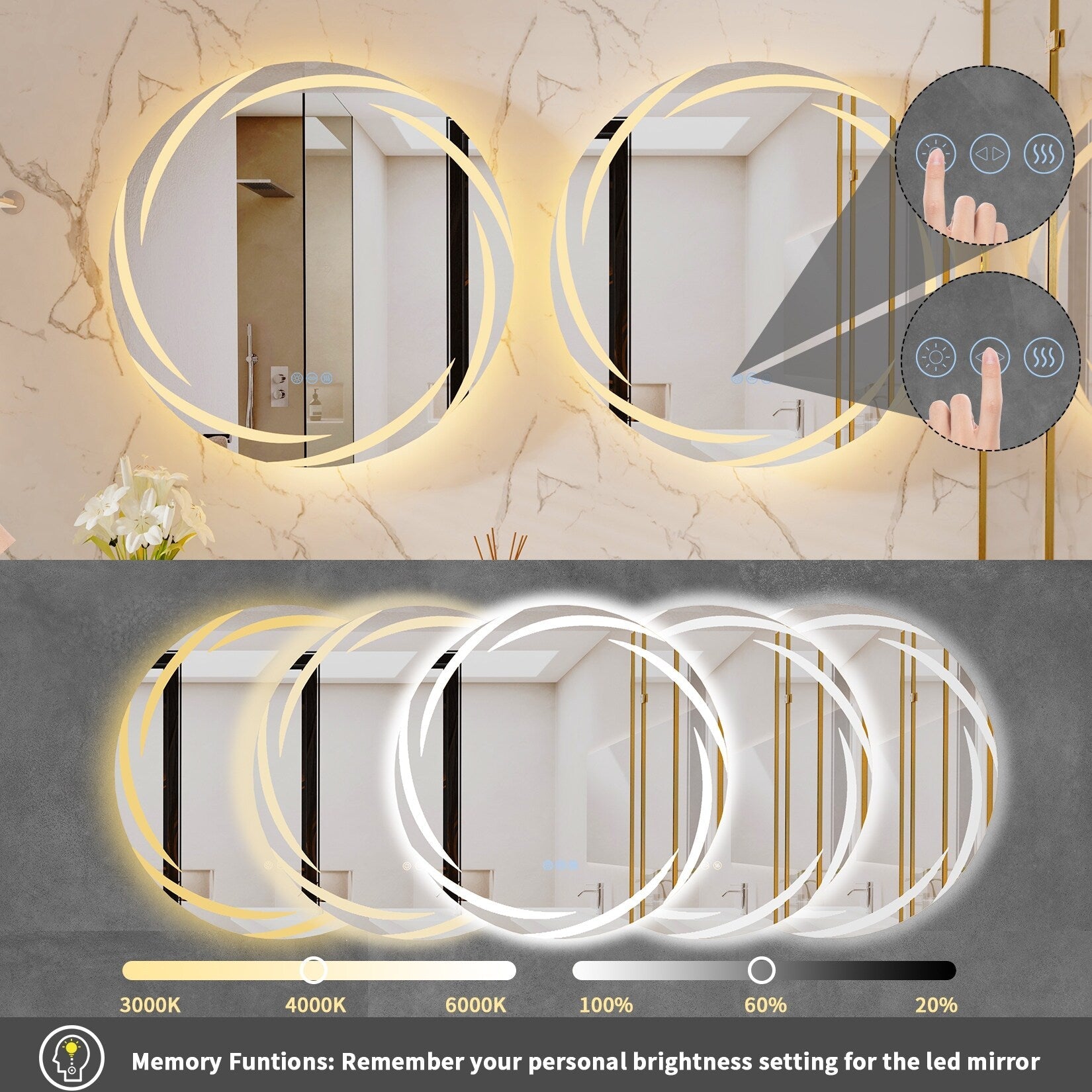 Specchio da bagno unico, grande, retroilluminato a LED, senza sfarfallio