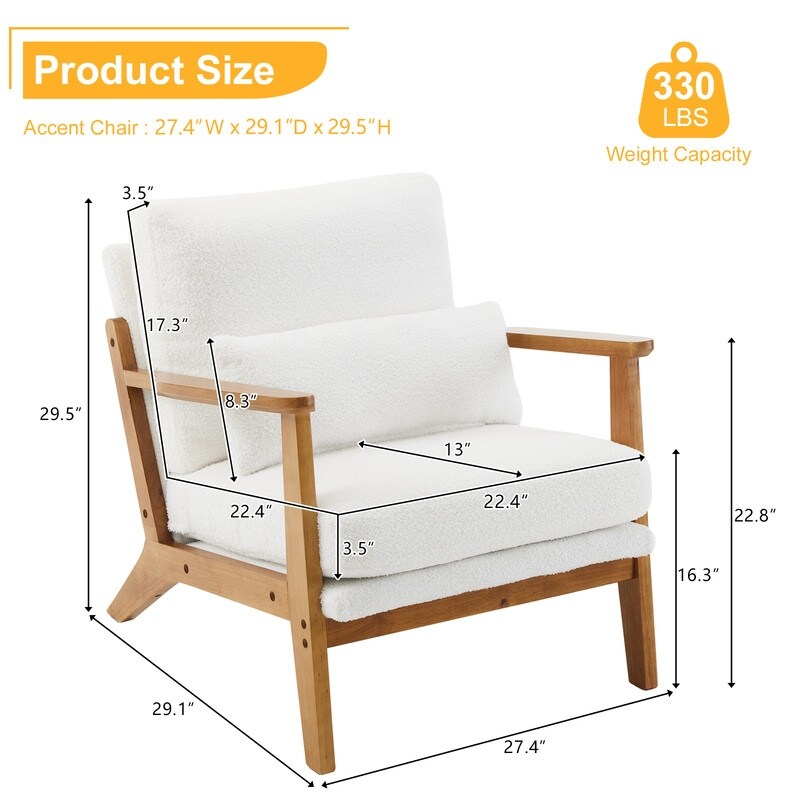 Poltrona imbottita in misto lino con gambe in legno e un cuscino beige