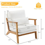 Poltrona imbottita in misto lino con gambe in legno e un cuscino beige