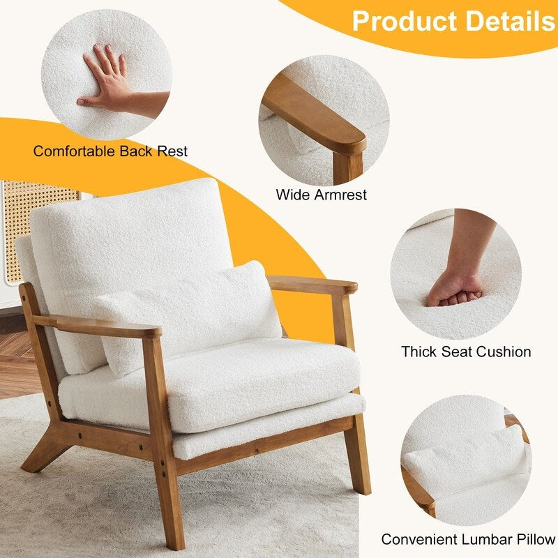Poltrona imbottita in misto lino con gambe in legno e un cuscino beige