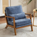 Poltrona imbottita in misto lino con gambe in legno e un cuscino beige