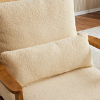 Poltrona imbottita in misto lino con gambe in legno e un cuscino beige