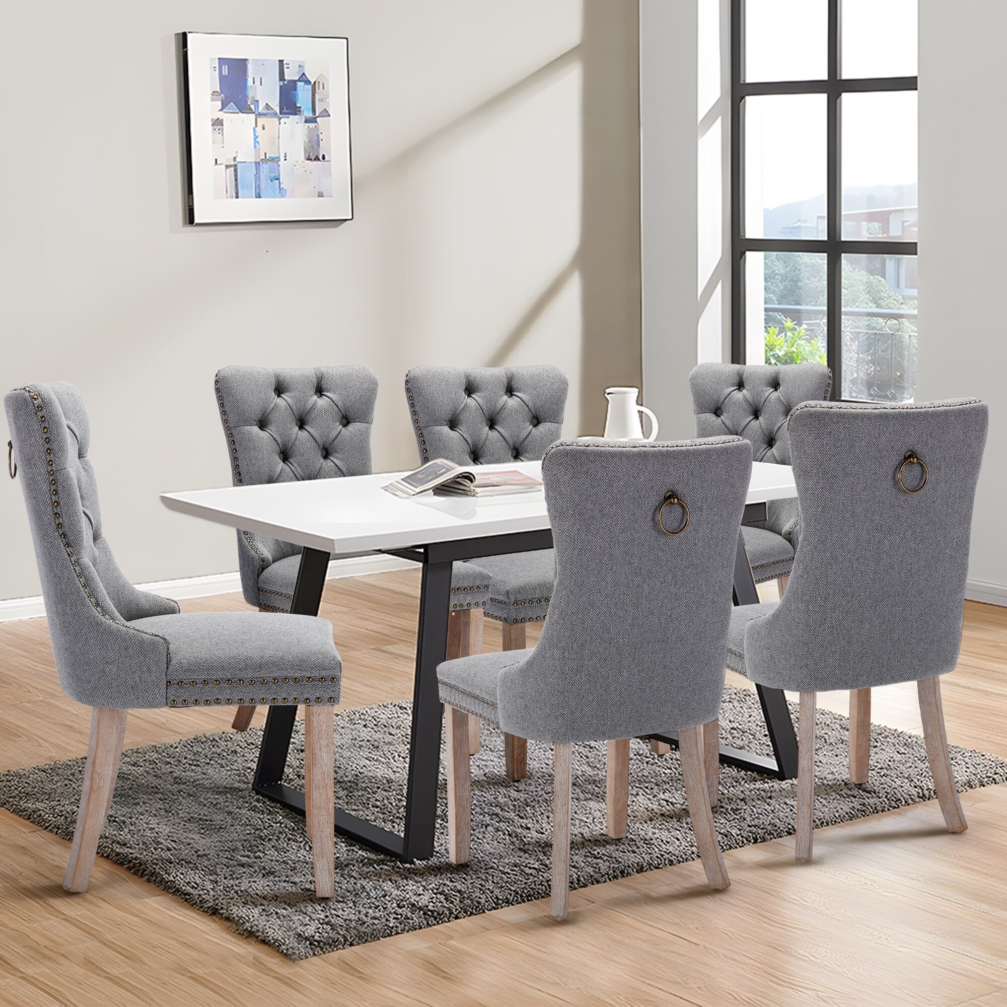 Sedia da pranzo imbottita in velluto trapuntato con gambe in legno massello, set da 6