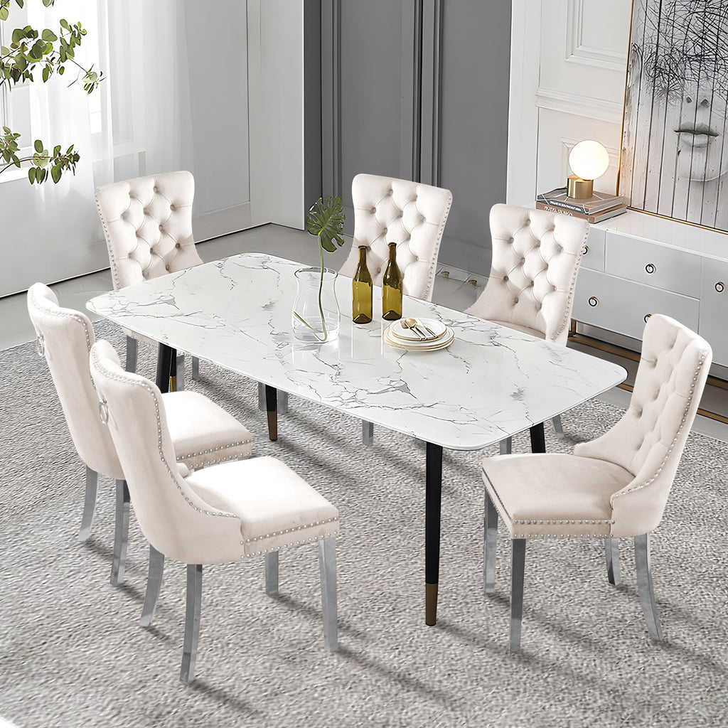 Sedia da pranzo imbottita in velluto trapuntato con gambe in legno massello, set da 6