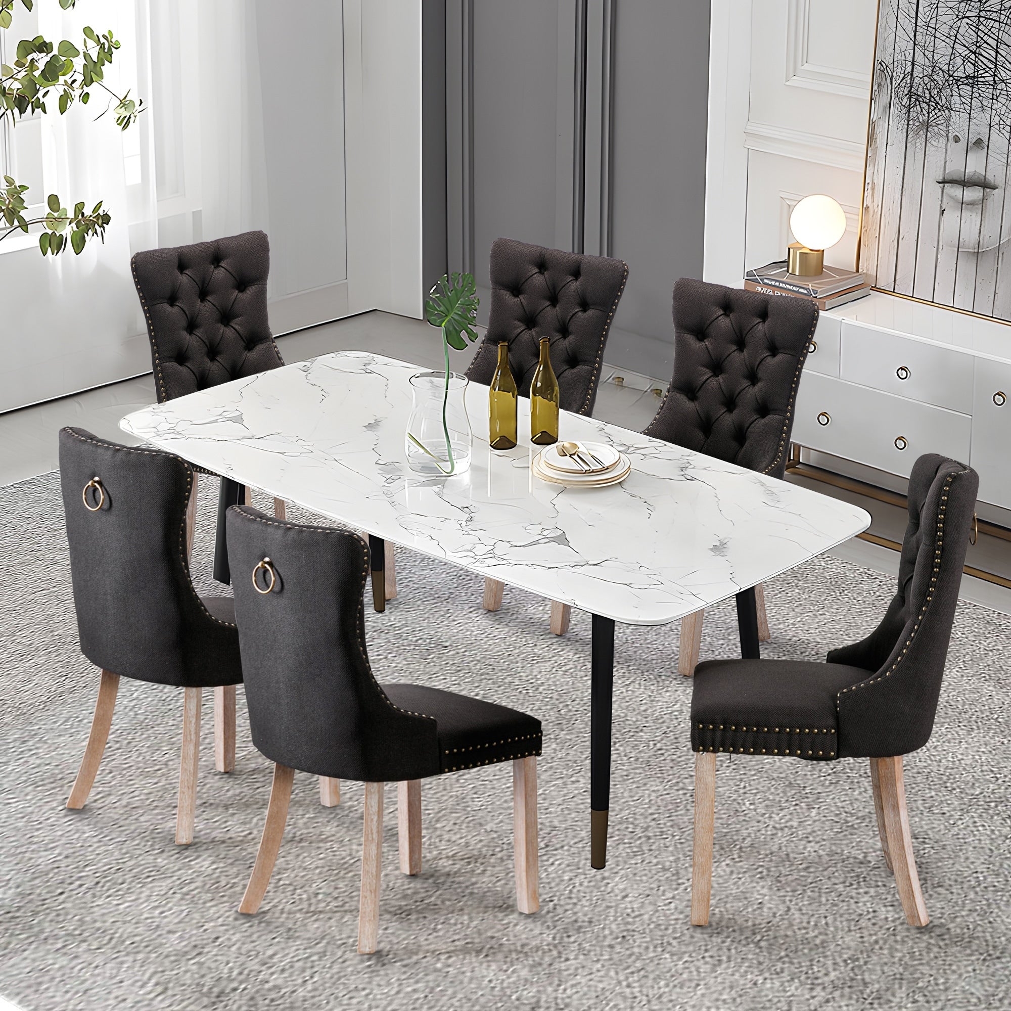 Sedia da pranzo imbottita in velluto trapuntato con gambe in legno massello, set da 6