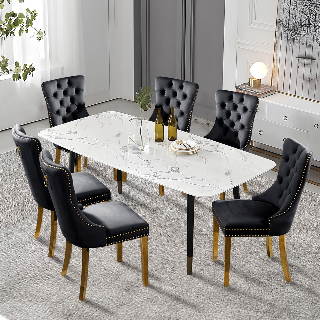 Sedia da pranzo imbottita in velluto trapuntato con gambe in legno massello, set da 6