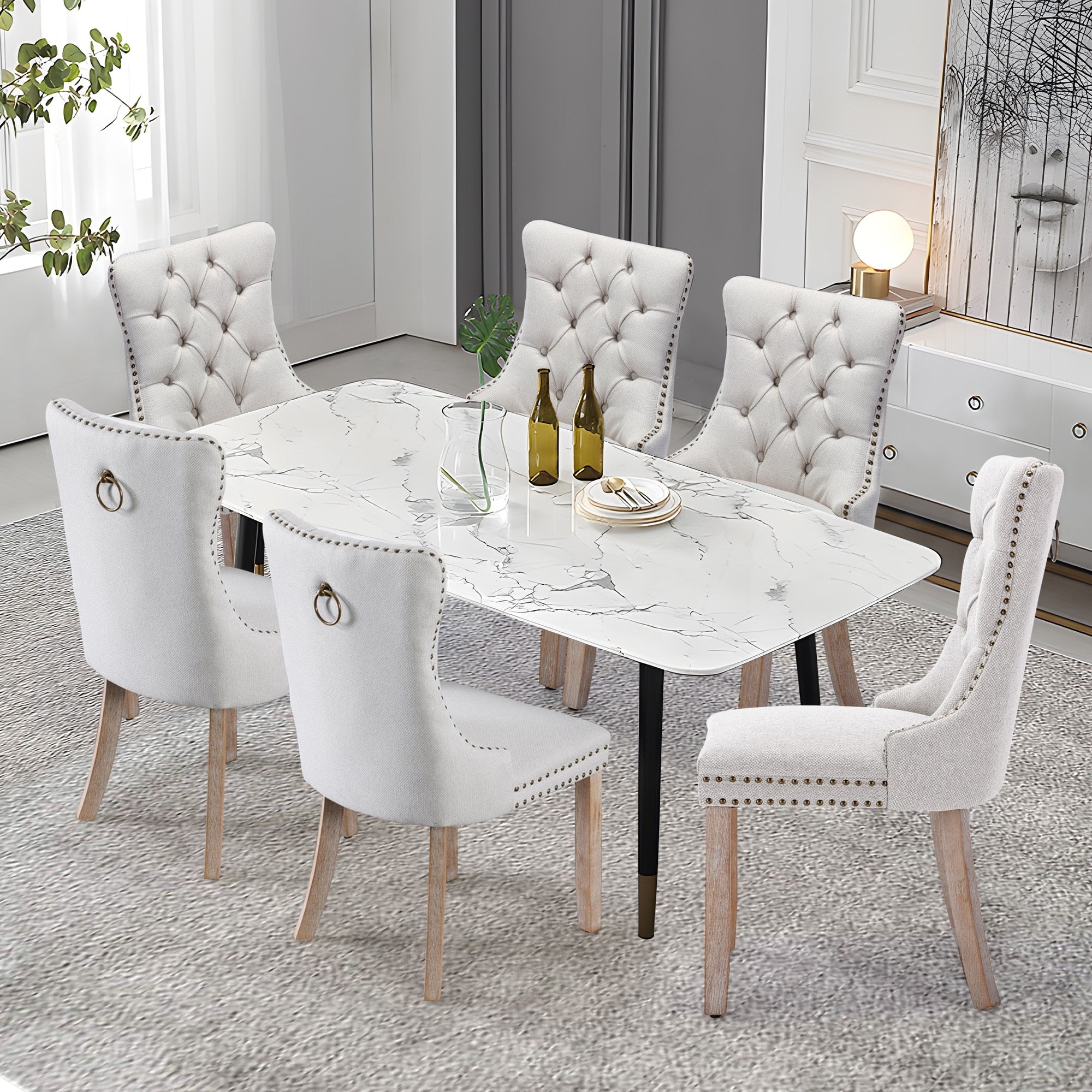 Sedia da pranzo imbottita in velluto trapuntato con gambe in legno massello, set da 6