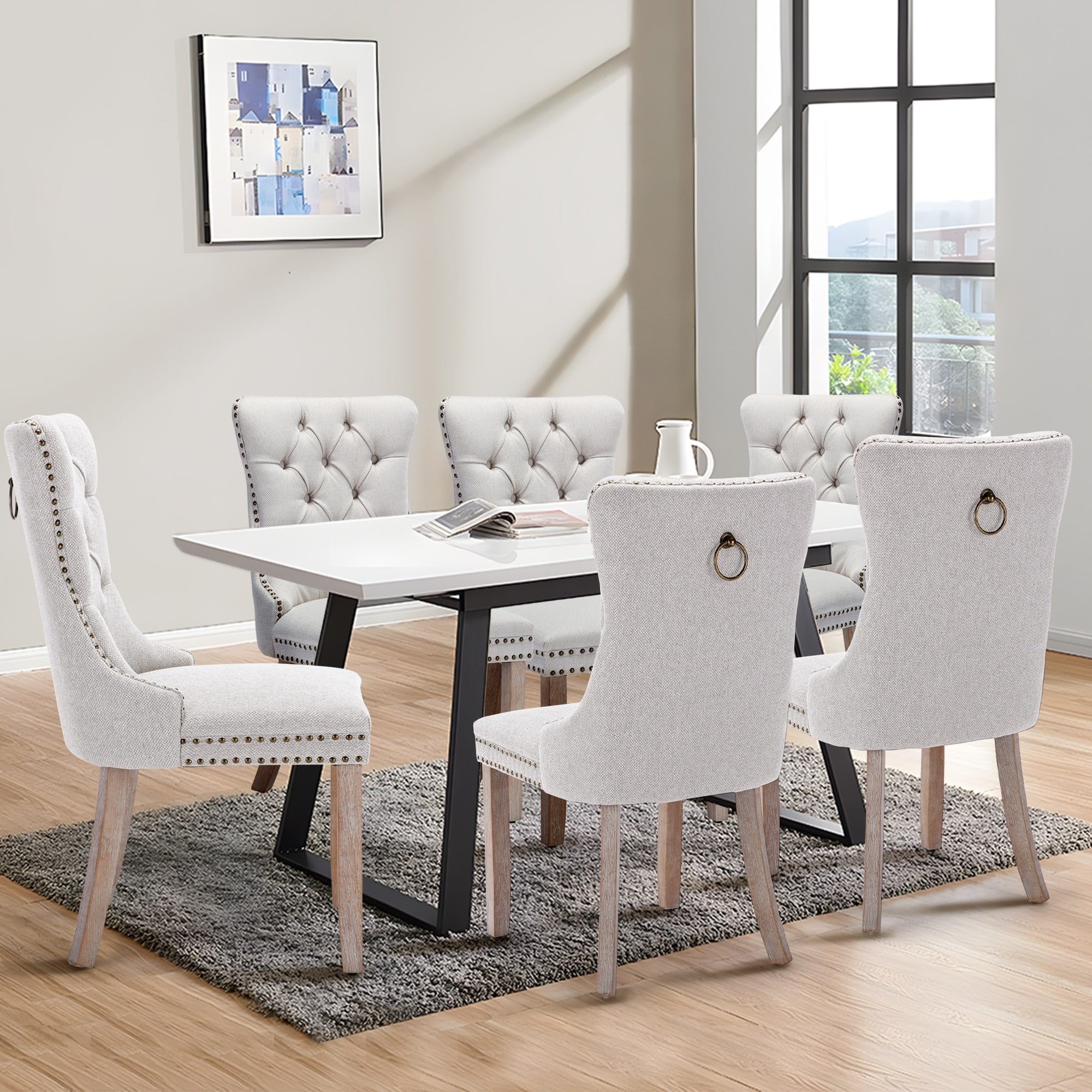 Sedia da pranzo imbottita in velluto trapuntato con gambe in legno massello, set da 6
