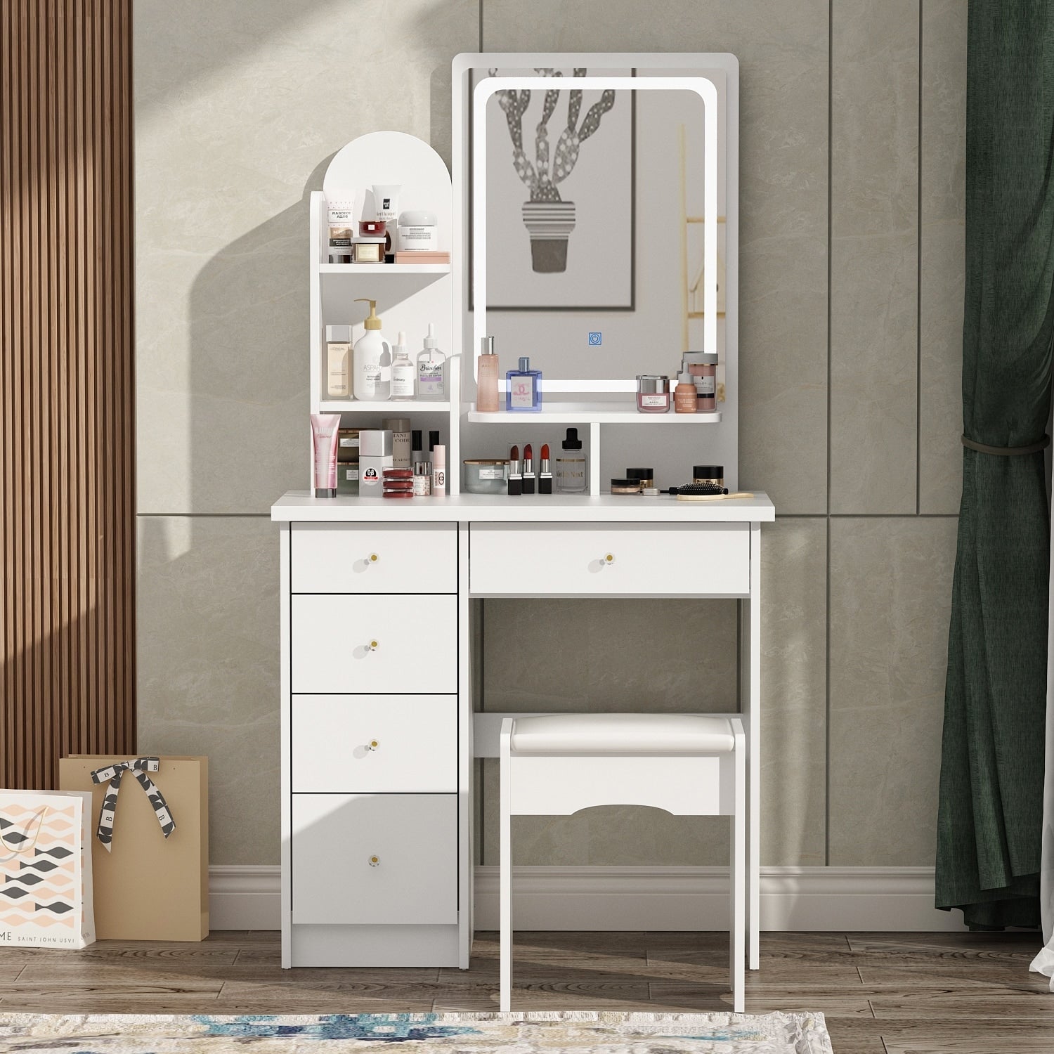 Set da toeletta con specchio e lampada, tavolo da trucco per la casa con sgabello