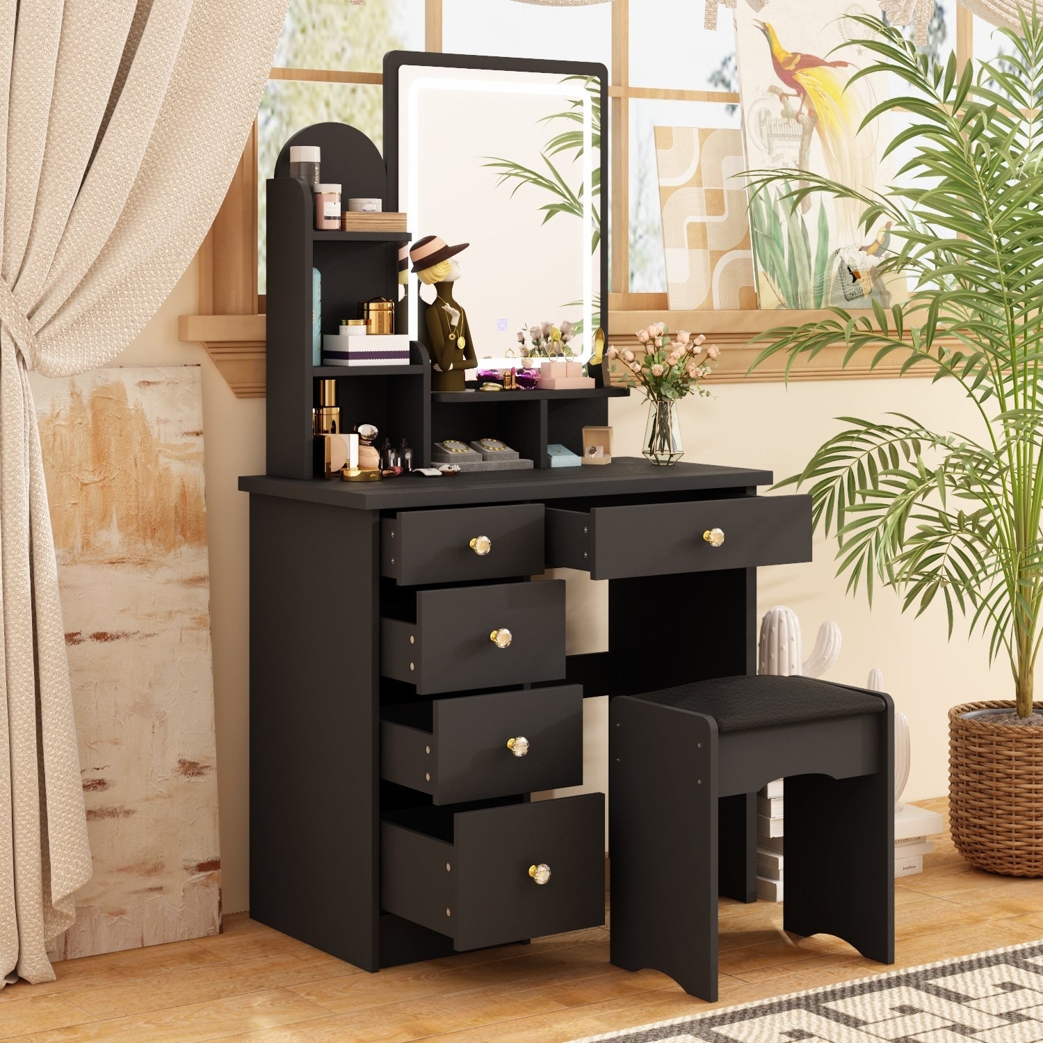 Set da toeletta con specchio e lampada, tavolo da trucco per la casa con sgabello