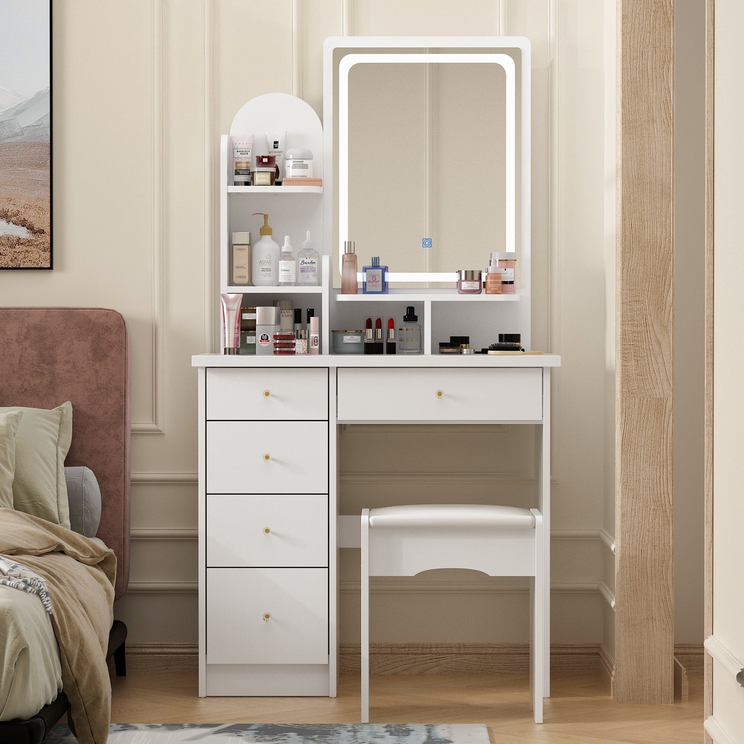 Set da toeletta con specchio e lampada, tavolo da trucco per la casa con sgabello