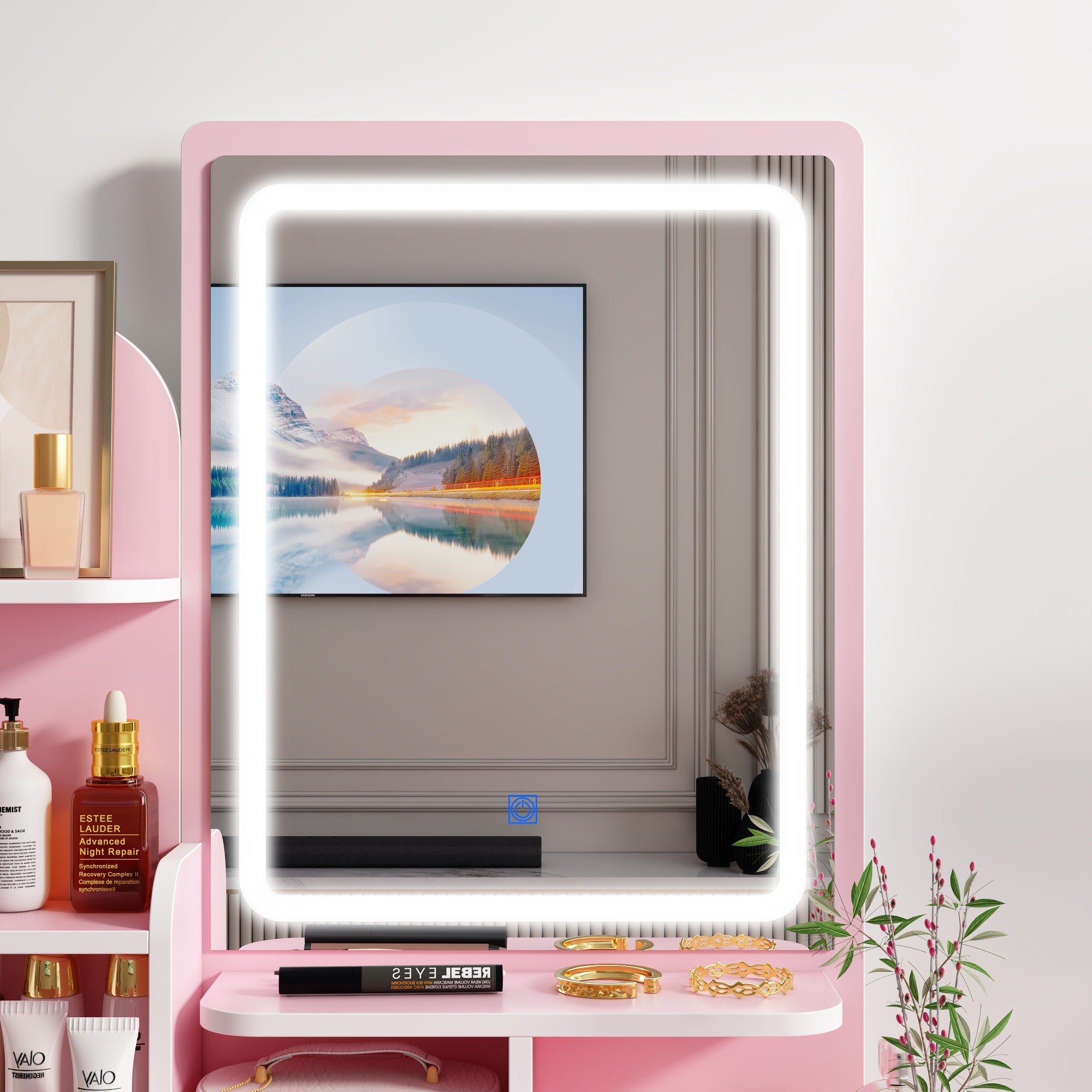 Set da toeletta con specchio e lampada, tavolo da trucco per la casa con sgabello