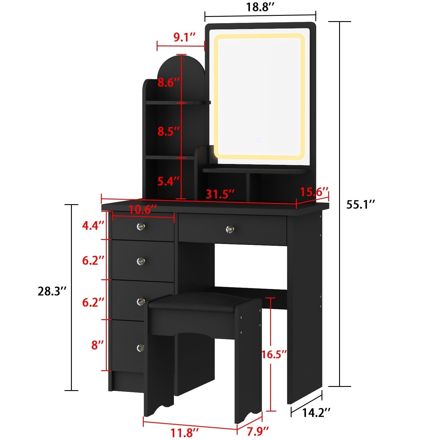 Set da toeletta con specchio e lampada, tavolo da trucco per la casa con sgabello