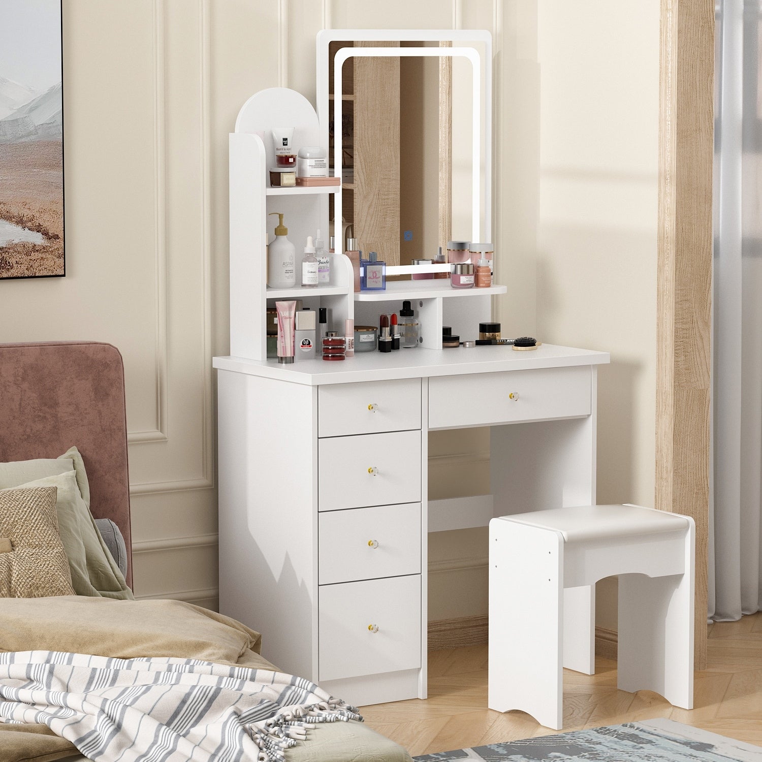 Set da toeletta con specchio e lampada, tavolo da trucco per la casa con sgabello