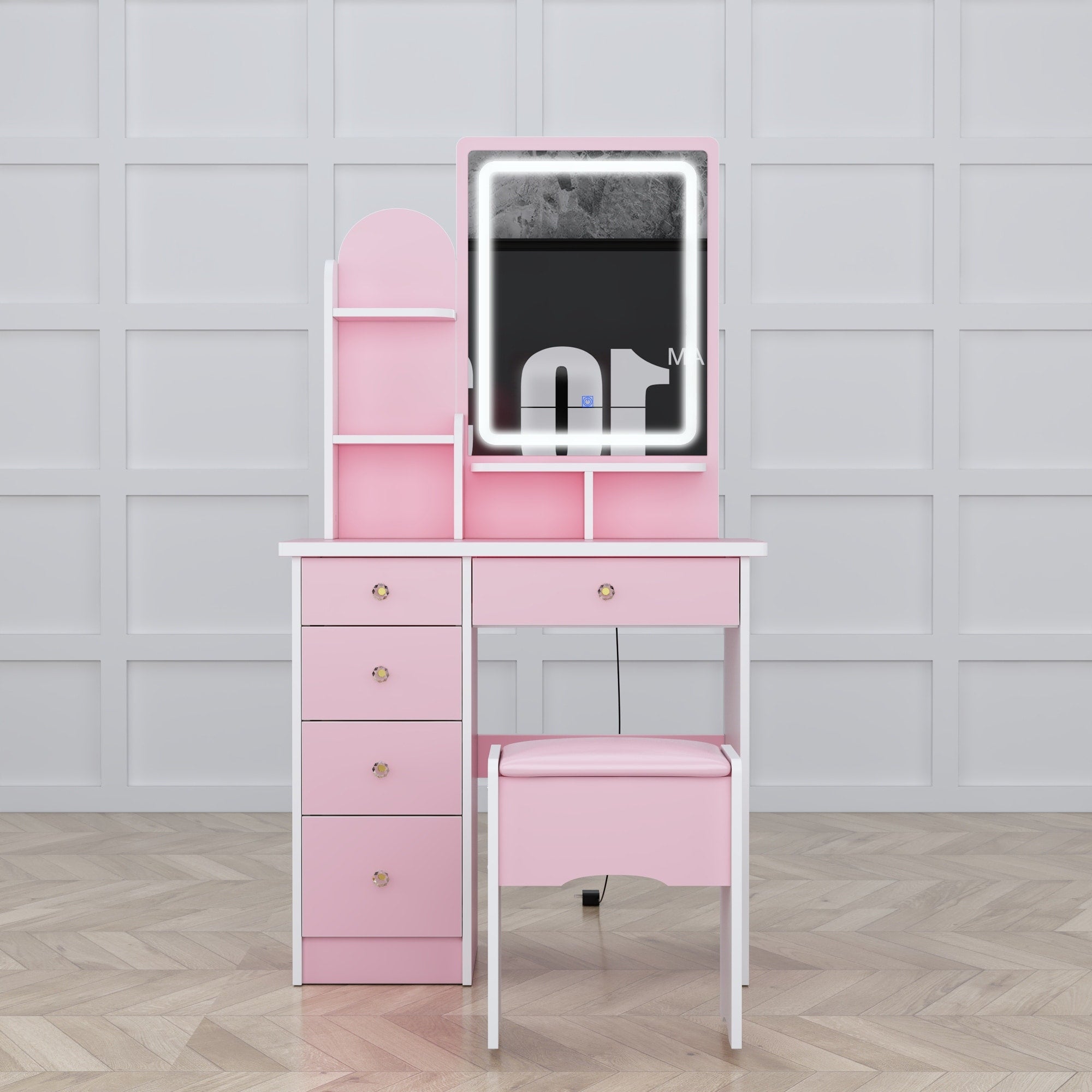 Set da toeletta con specchio e lampada, tavolo da trucco per la casa con sgabello
