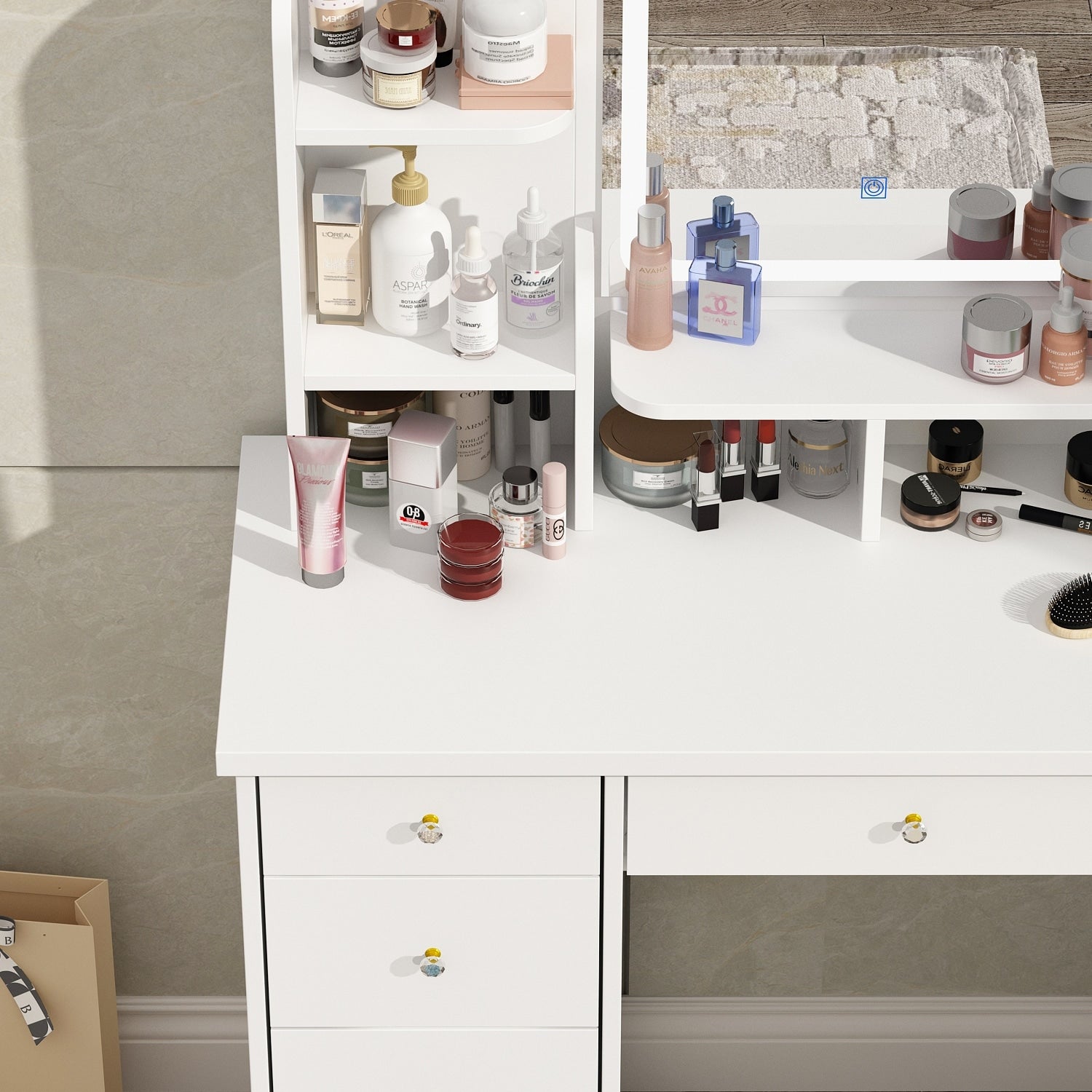 Set da toeletta con specchio e lampada, tavolo da trucco per la casa con sgabello