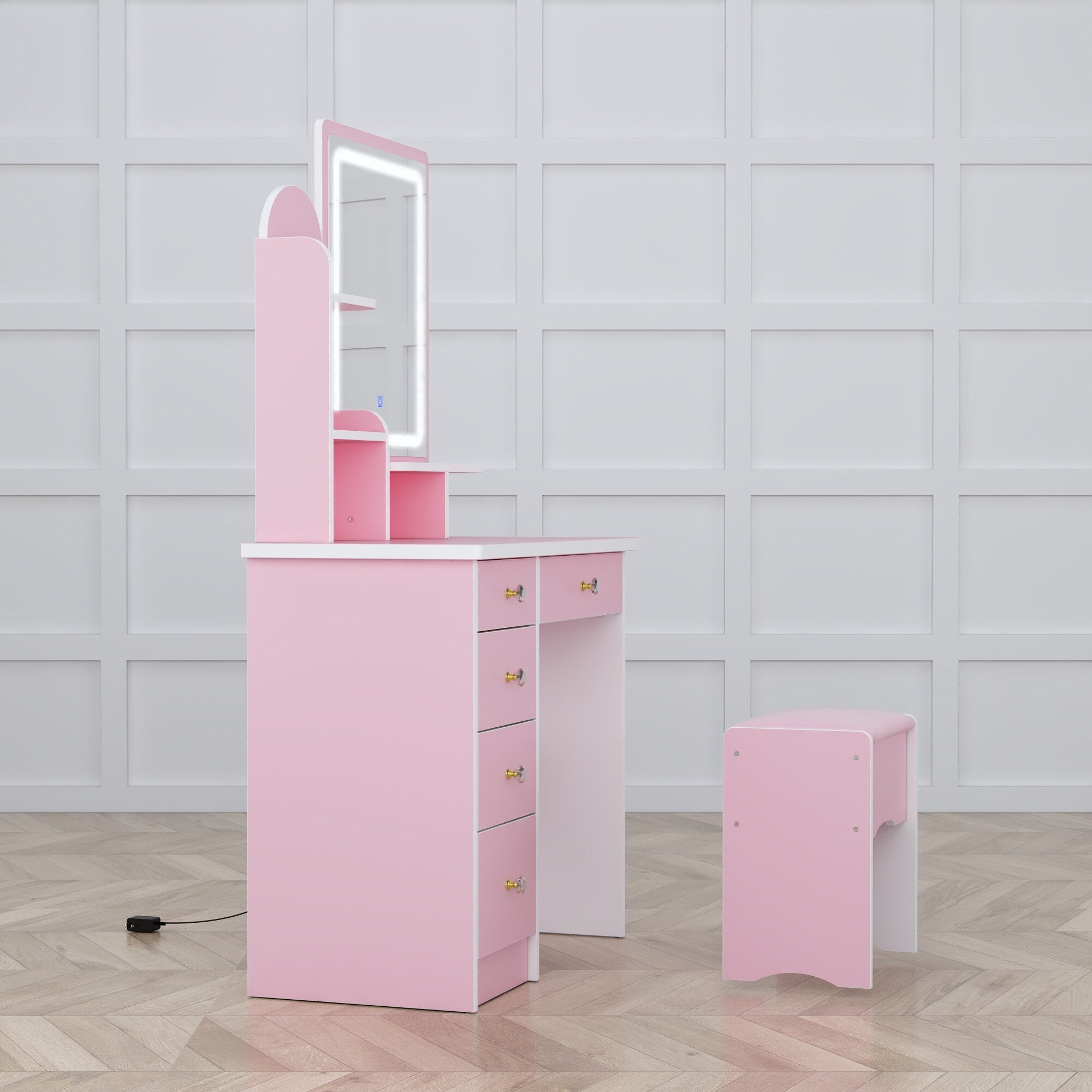Set da toeletta con specchio e lampada, tavolo da trucco per la casa con sgabello