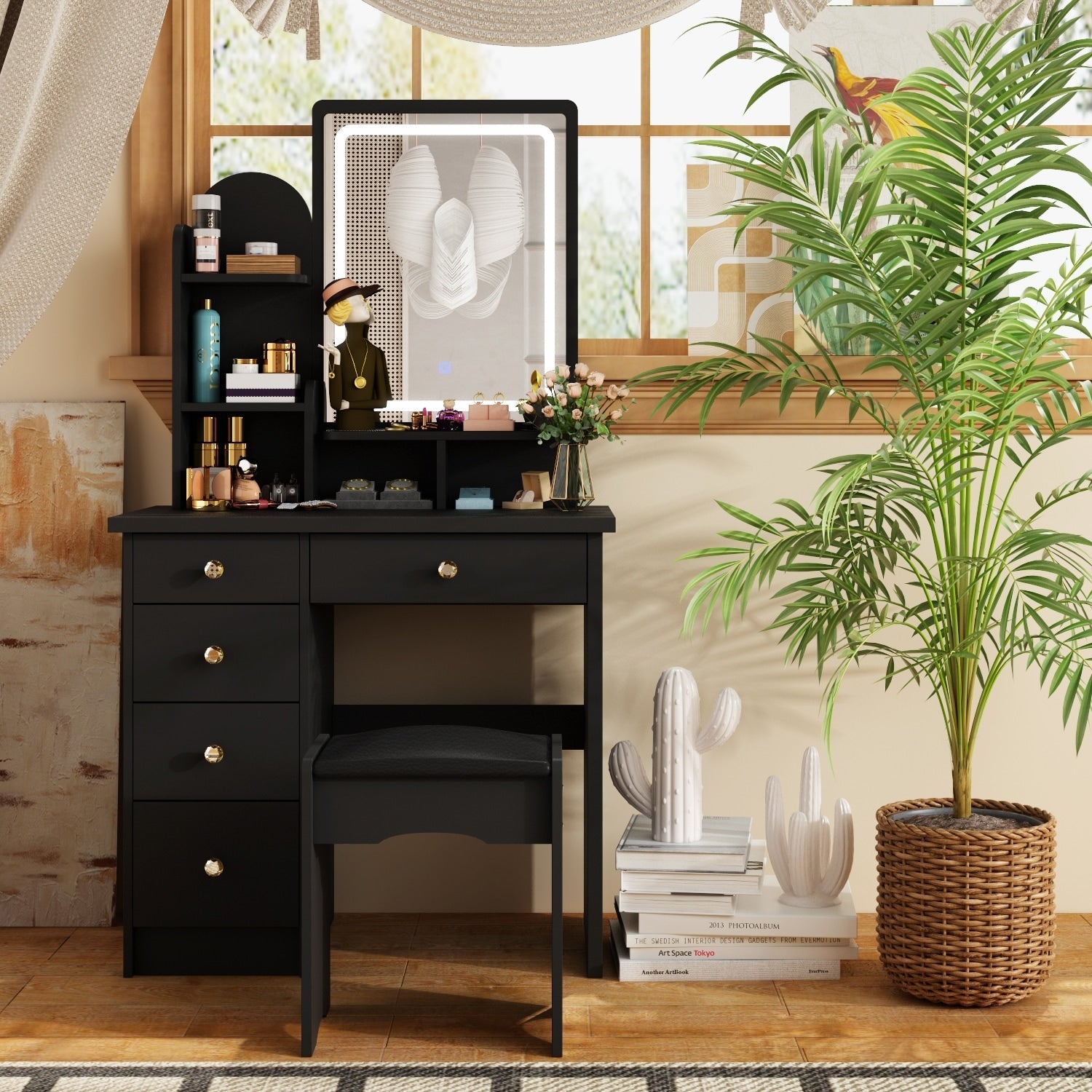 Set da toeletta con specchio e lampada, tavolo da trucco per la casa con sgabello