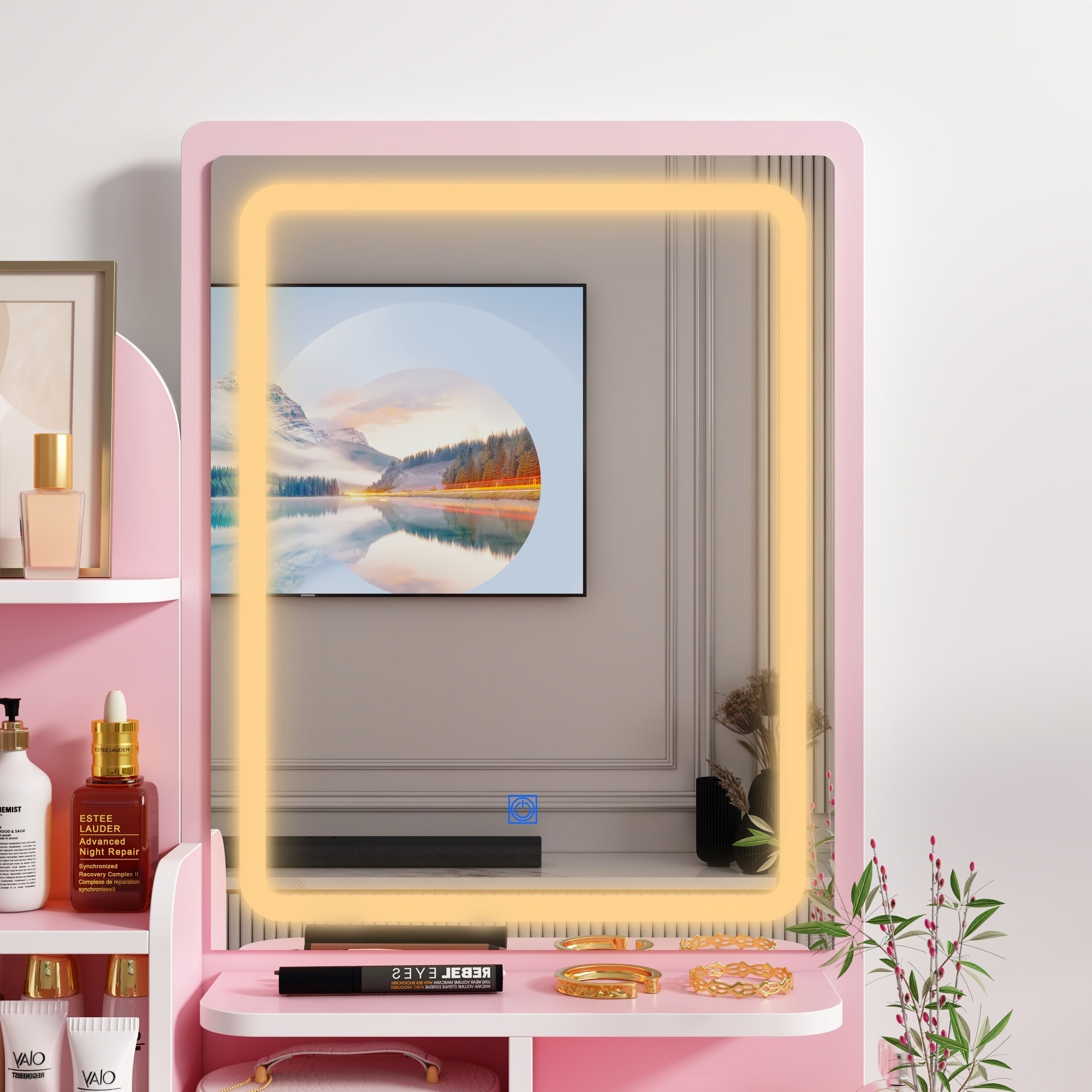 Set da toeletta con specchio e lampada, tavolo da trucco per la casa con sgabello