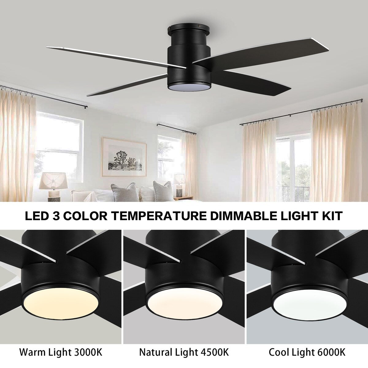 Ventilatore da soffitto a filo WINGBO da 44/52 pollici con luci e telecomando, 4 pale reversibili
