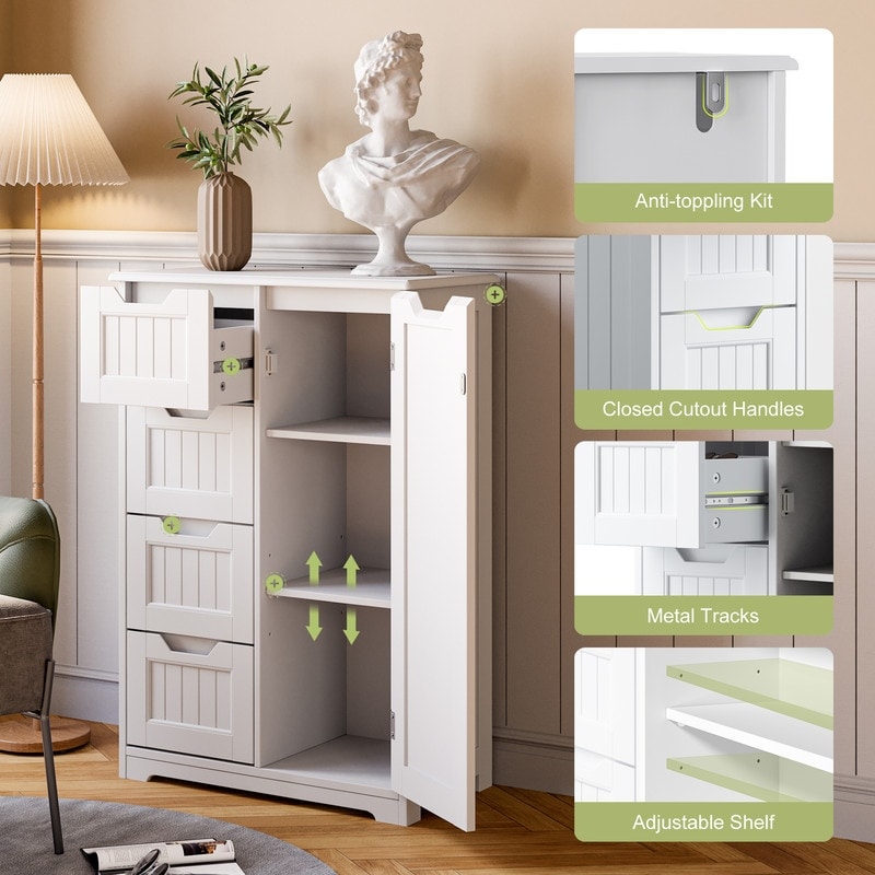 Mobiletto portaoggetti da pavimento per bagno, mobiletto portaoggetti da pavimento indipendente con 4 cassetti e ripiano regolabile