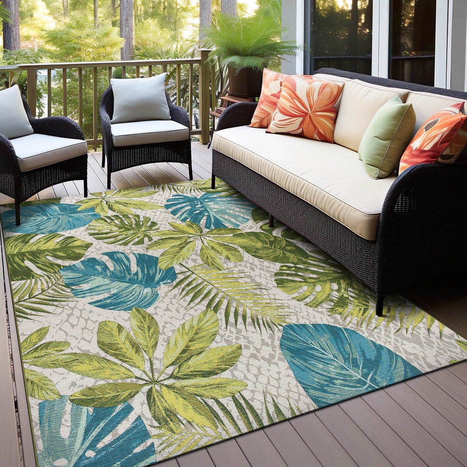 Tappeto da interno/esterno con motivi floreali tropicali contemporanei della World Rug Gallery