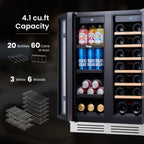 Frigorifero per vino/bevande da 24 pollici, frigorifero DUAL ZONE da 20 bottiglie/60 lattine - 24 pollici