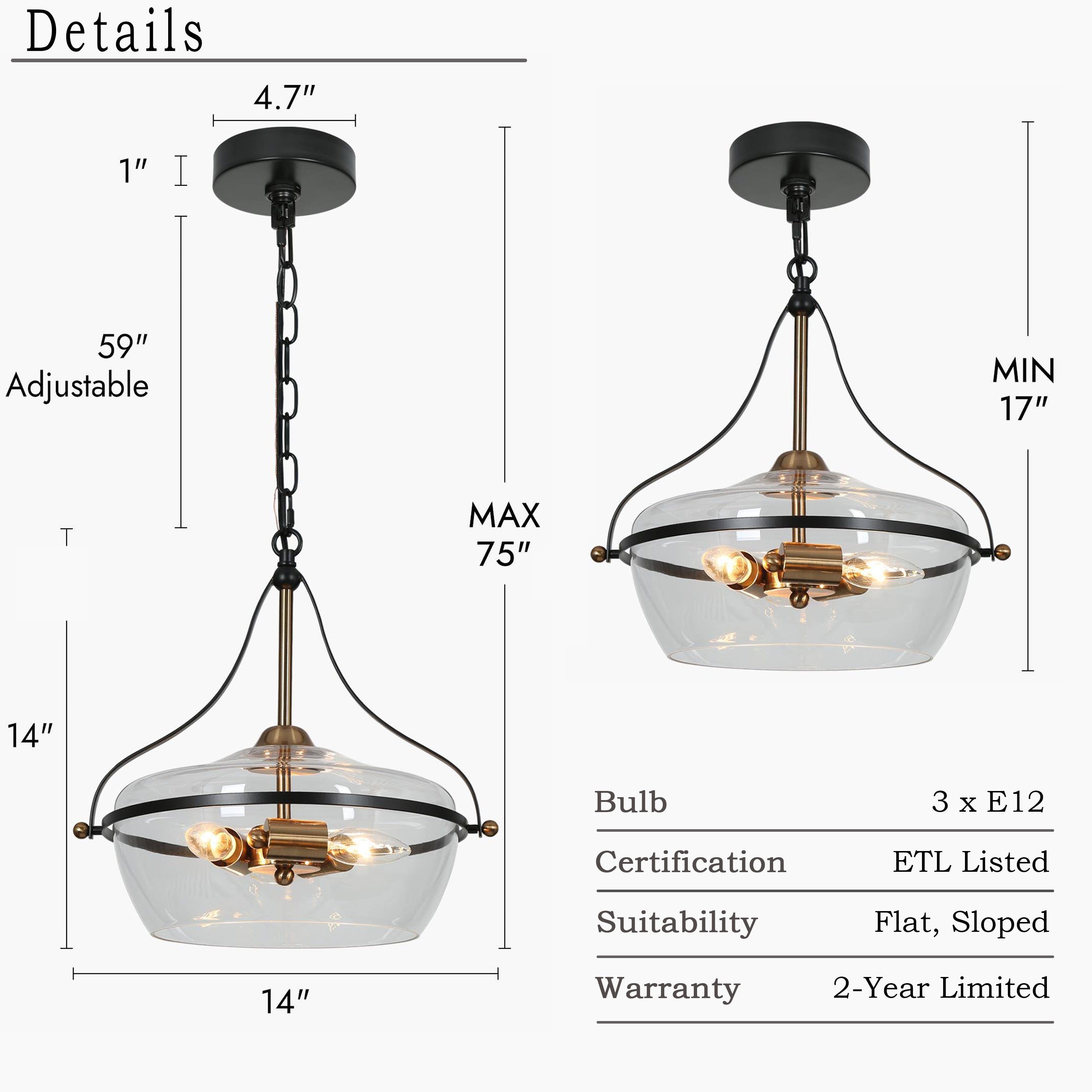 Lampadario Zelena Modern Farmhouse in vetro nero e oro a 3 luci per isola cucina sala da pranzo